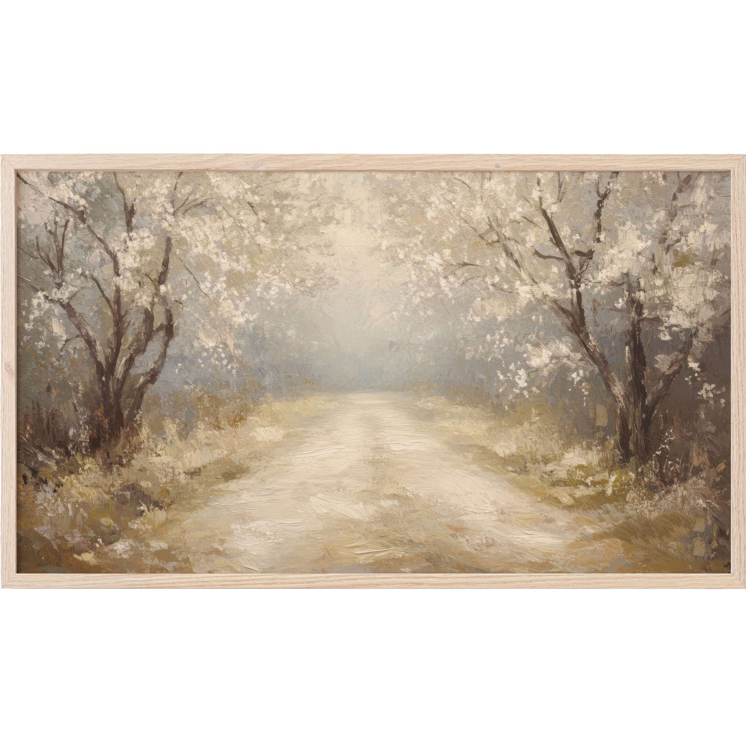 Soft, muted tones depict blossoming trees along a serene path in this elegant spring Frame TV Art