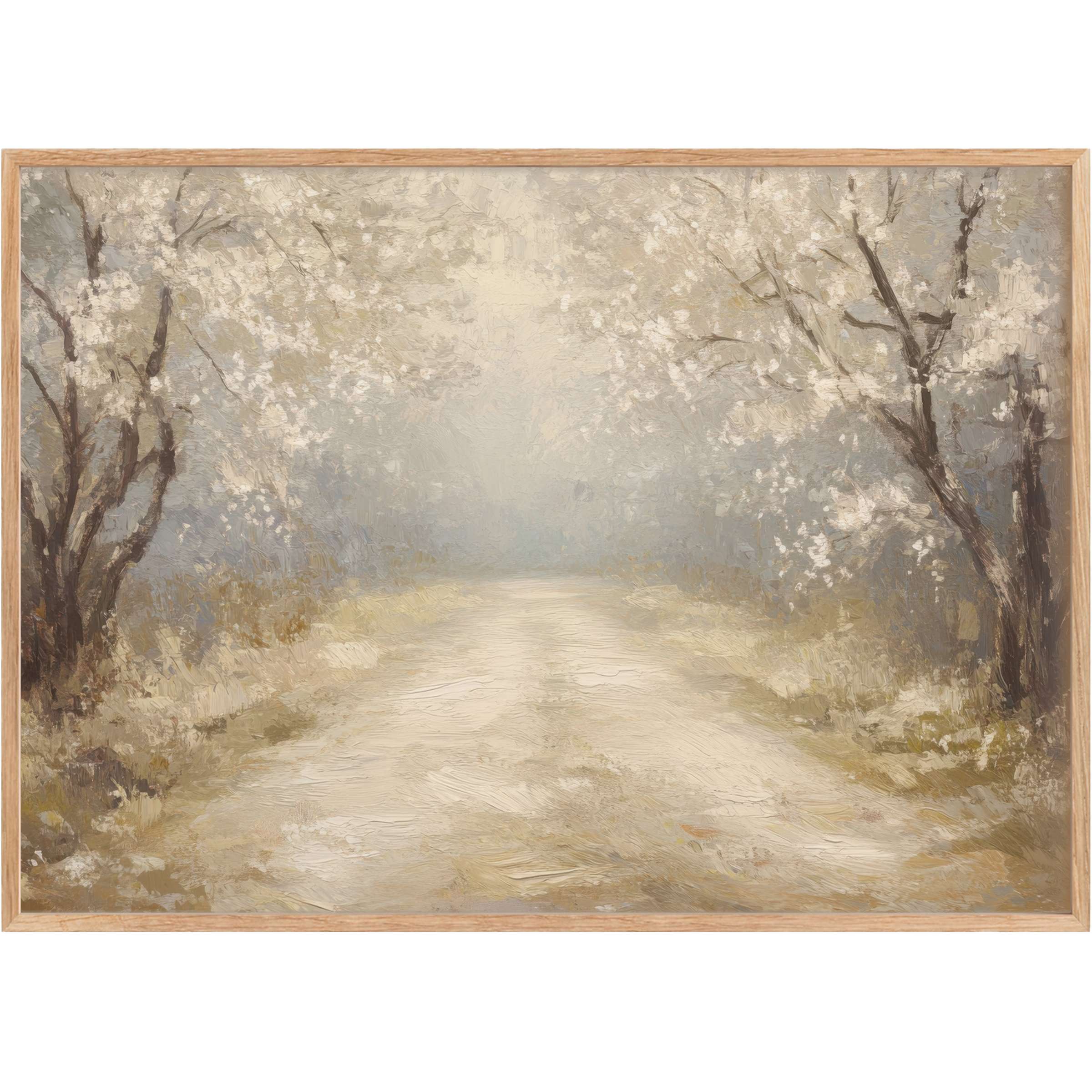 Spring printable wall art inviting serene strolls beneath soft white blossoms, enhancing tranquil, airy interiors with muted earth tones