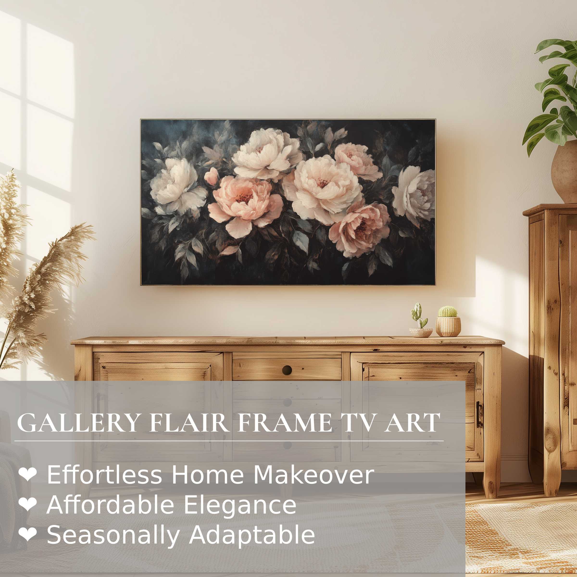 Samsung Frame TV displays refined floral digital artwork in a modern, sunlit room with natural wood accents