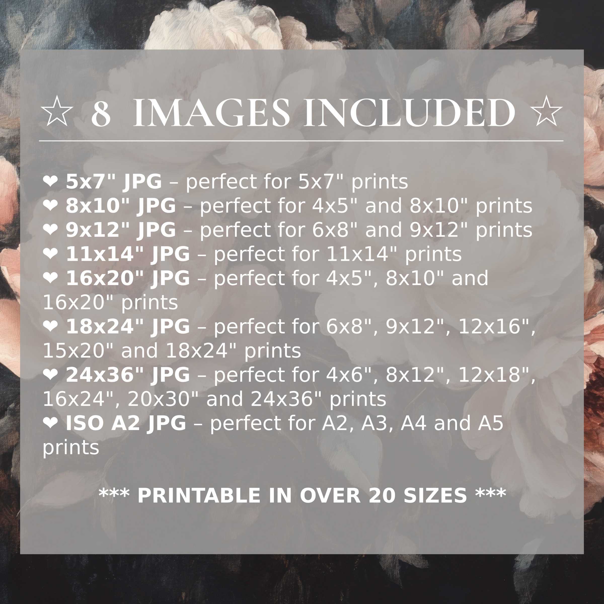 Floral digital print in soft blush and muted charcoal hues, radiating elegant calm; includes 8 high-quality sizes to elevate refined modern interiors with effortless style and flexibility