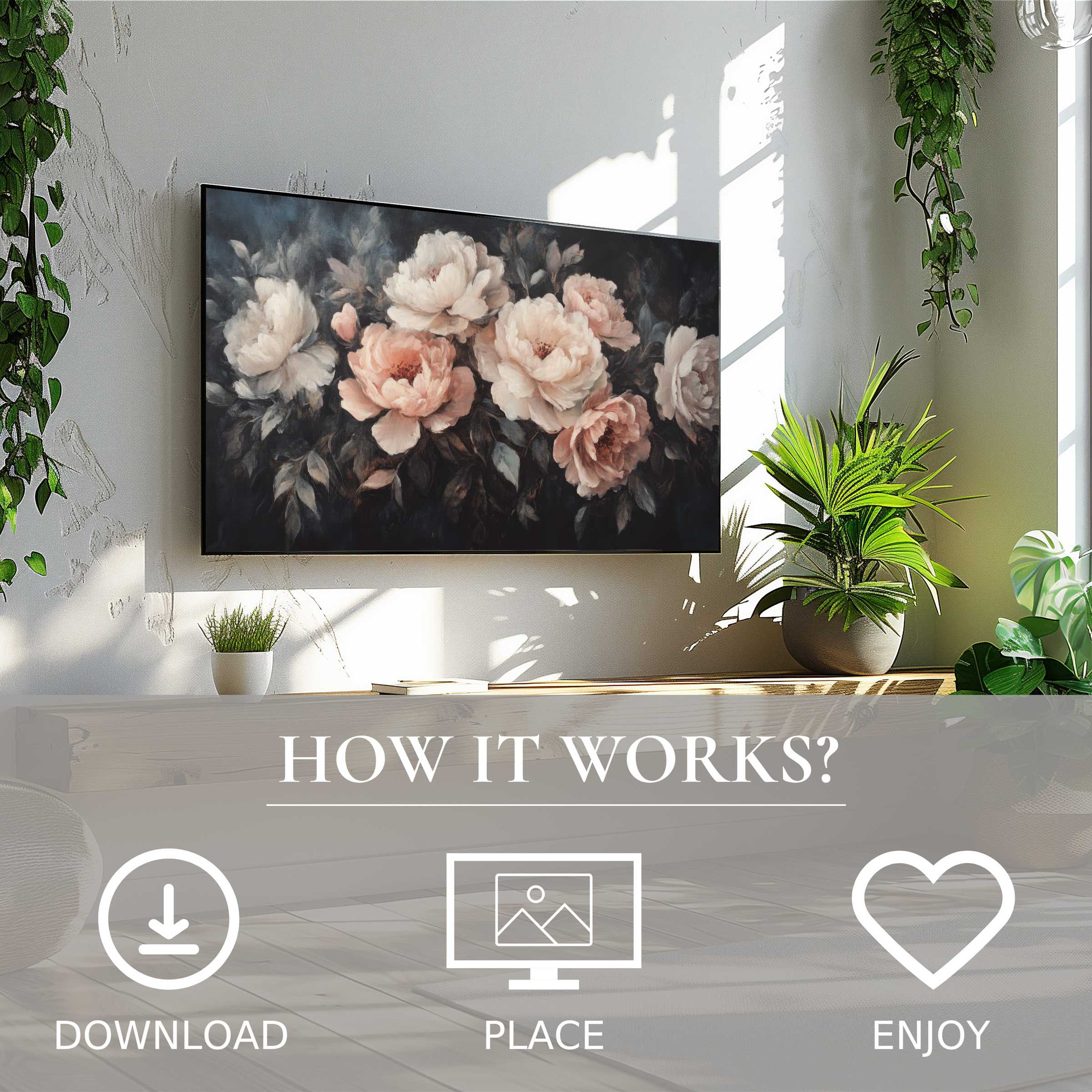 Floral art for Samsung TV with soft pink blooms on dark flow, easy digital download enhances modern living spaces