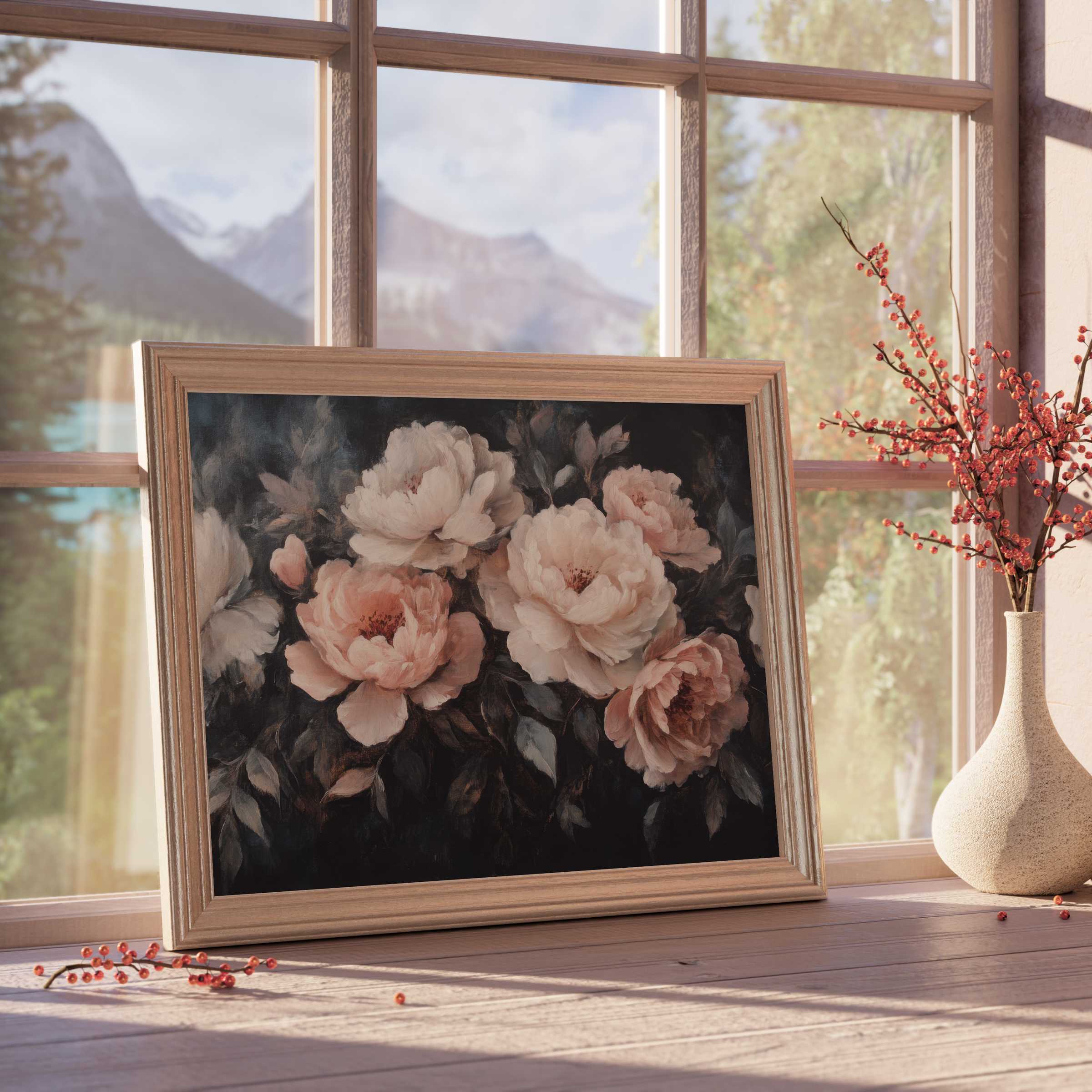 Floral downloadable art featuring soft blush peonies against a moody backdrop, enriching serene, curated interiors with timeless elegance
