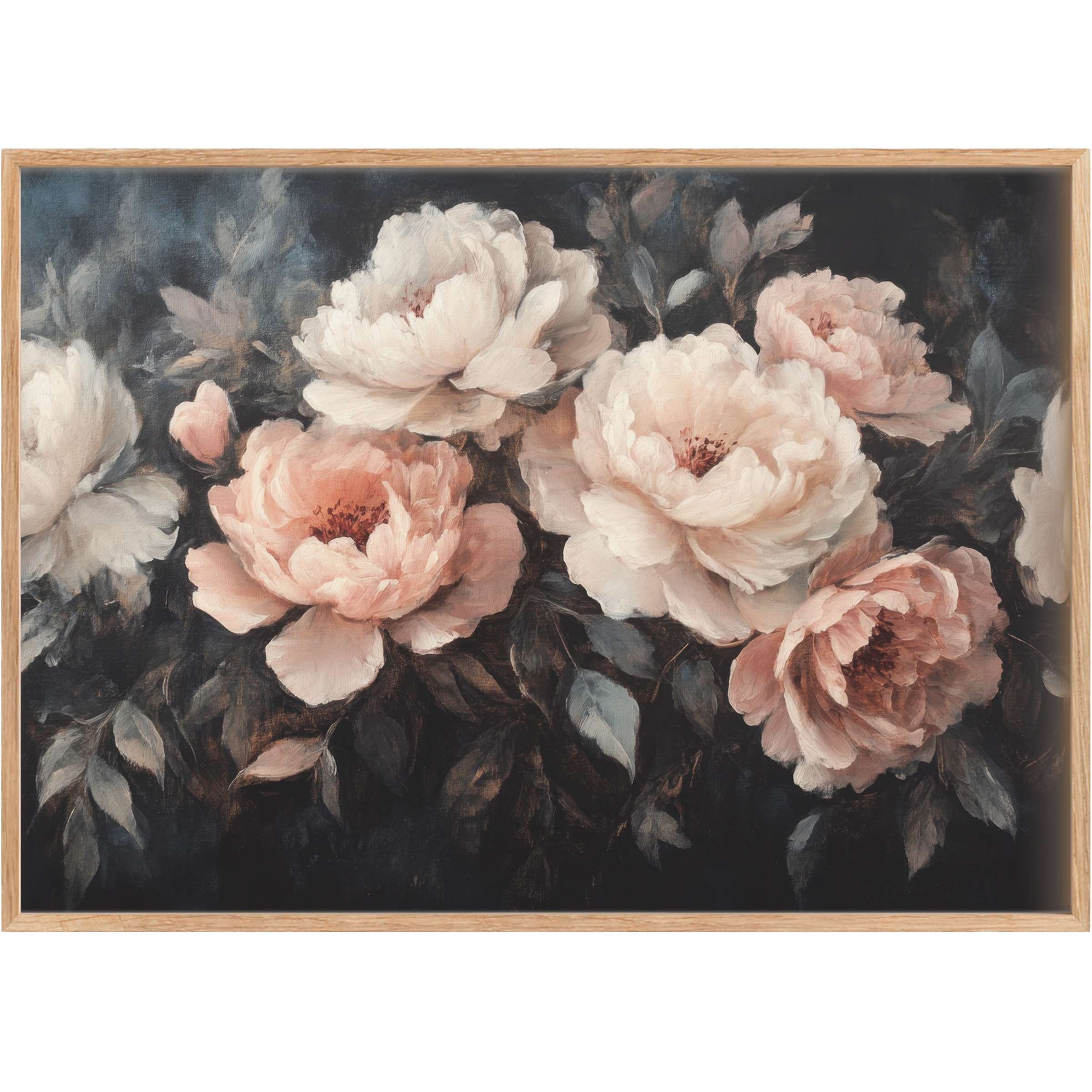 Elegant floral printable wall art featuring soft blush peonies against deep charcoal tones, evoking a serene, romantic ambiance