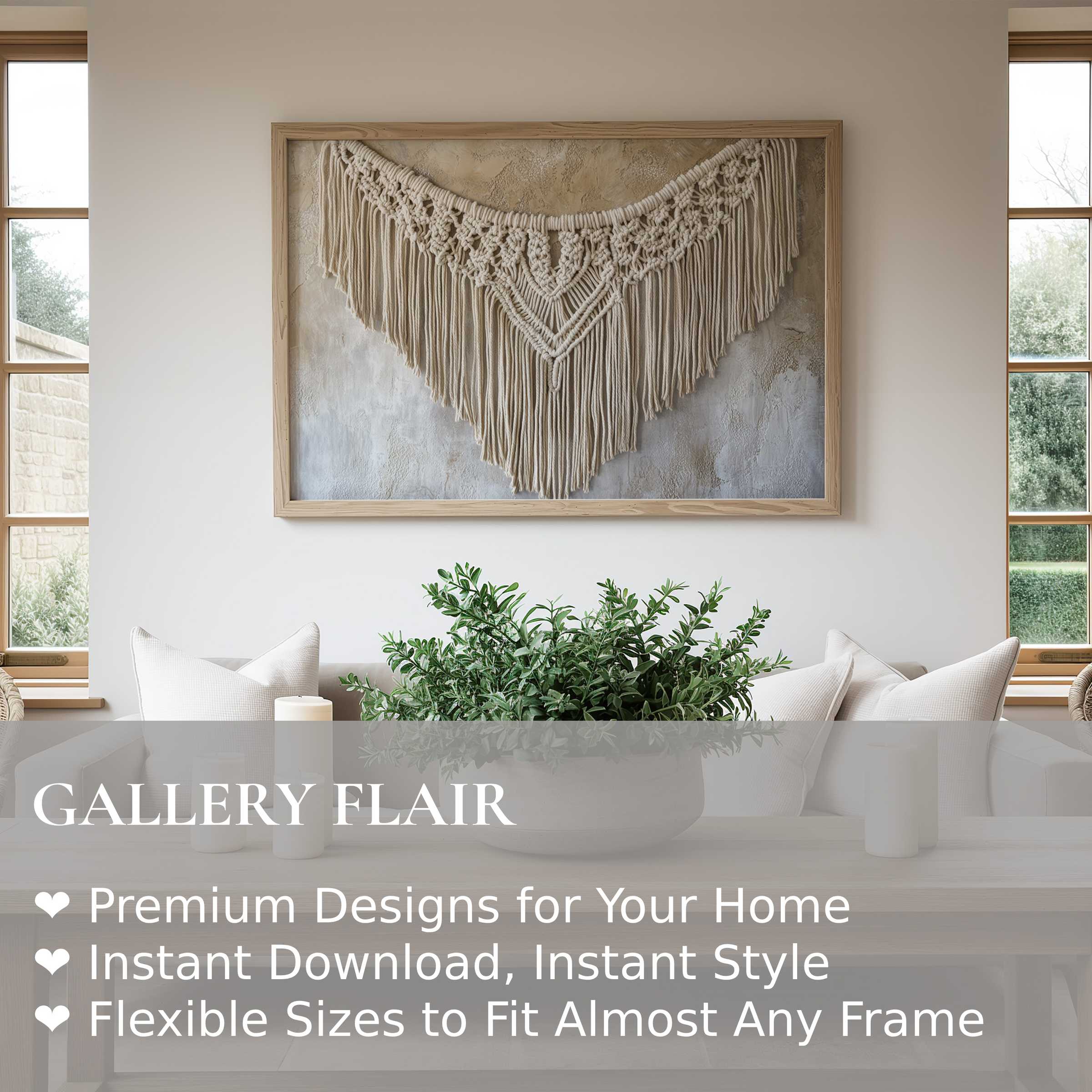 Boho wall art print featuring textured macramé in neutral tones, adding a soft, calming vibe to modern minimalist interiors