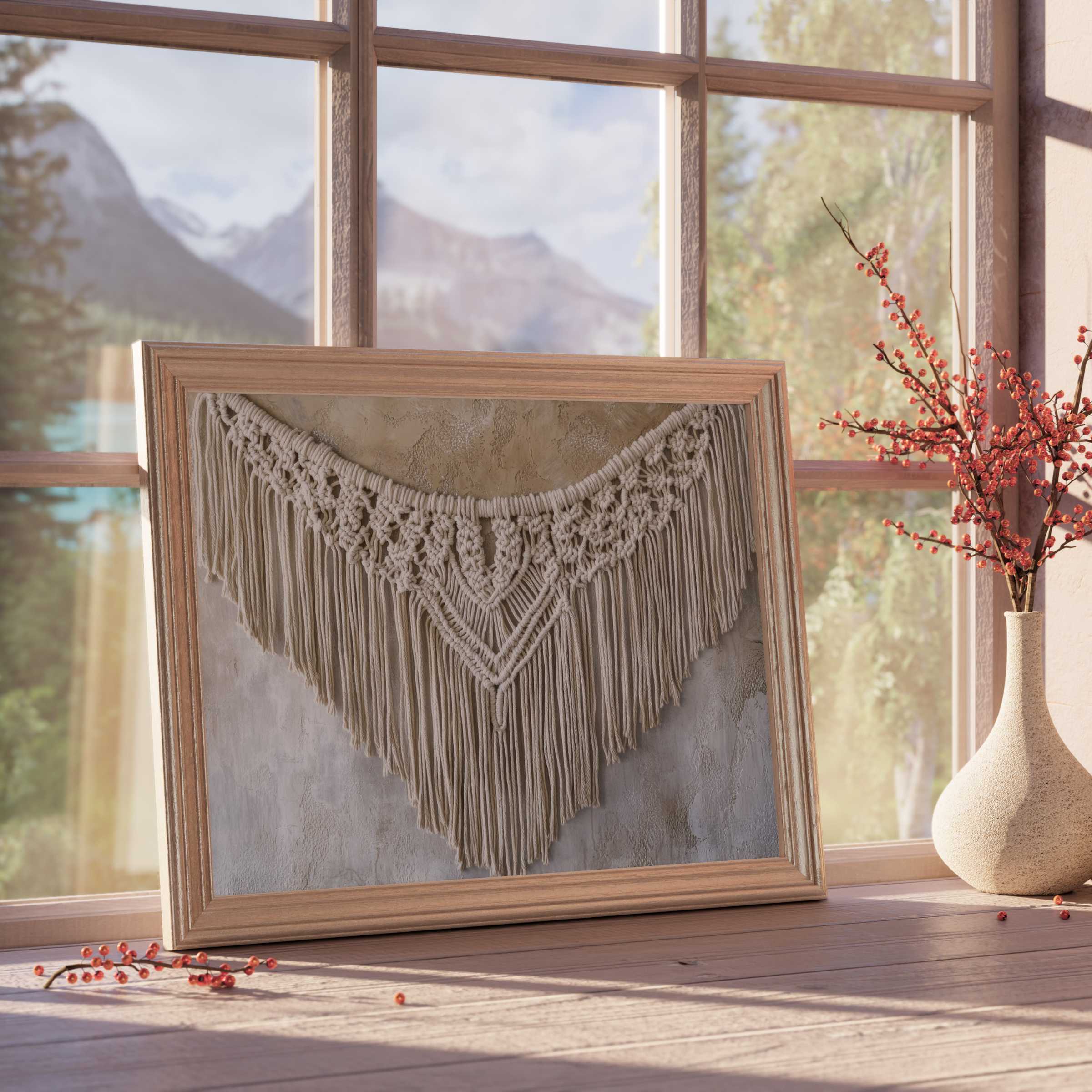 Boho downloadable art featuring intricate macramé textures, adding warm, tranquil charm to curated, modern interiors