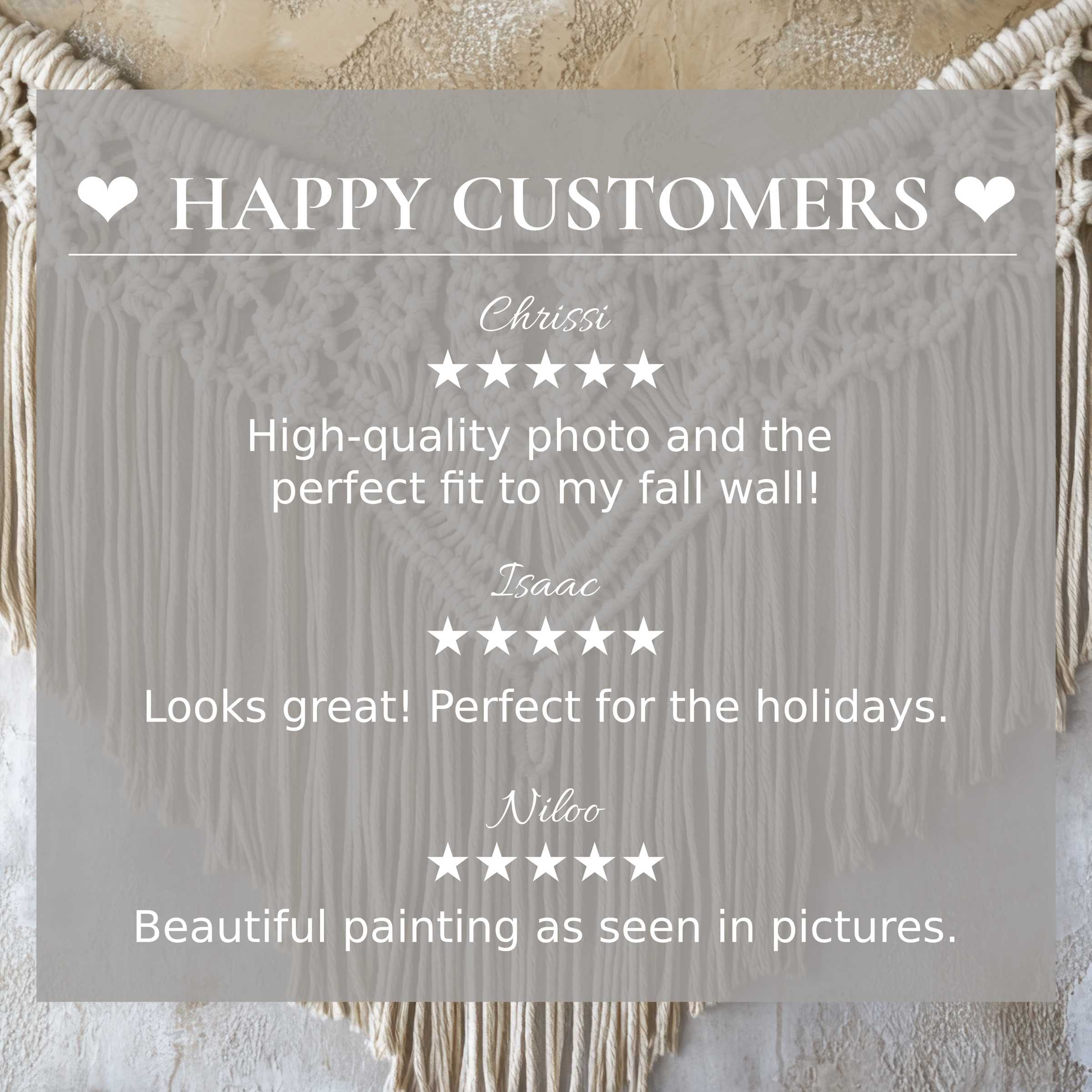 Boho art for Frame TV with macrame texture backdrop, featuring happy customer reviews building elegant trust