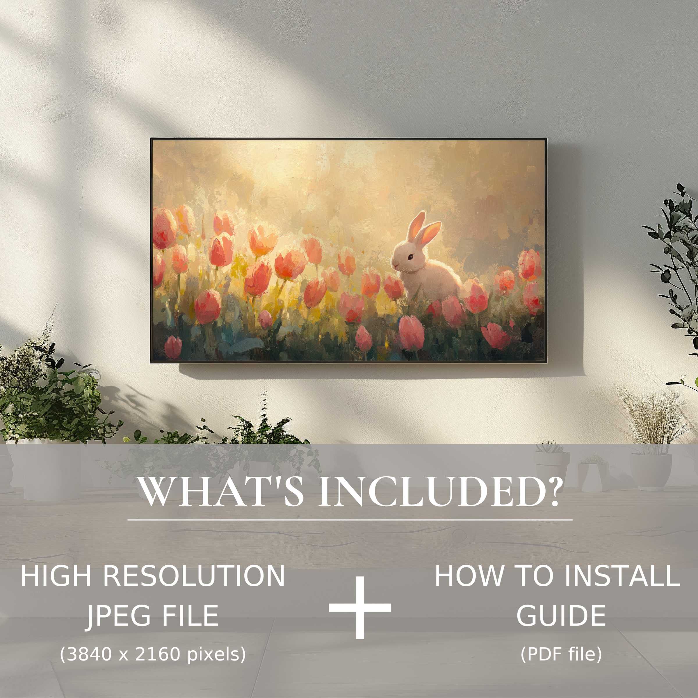 Elegant living room with easter digital TV art download, enhancing ambiance through easy digital installation