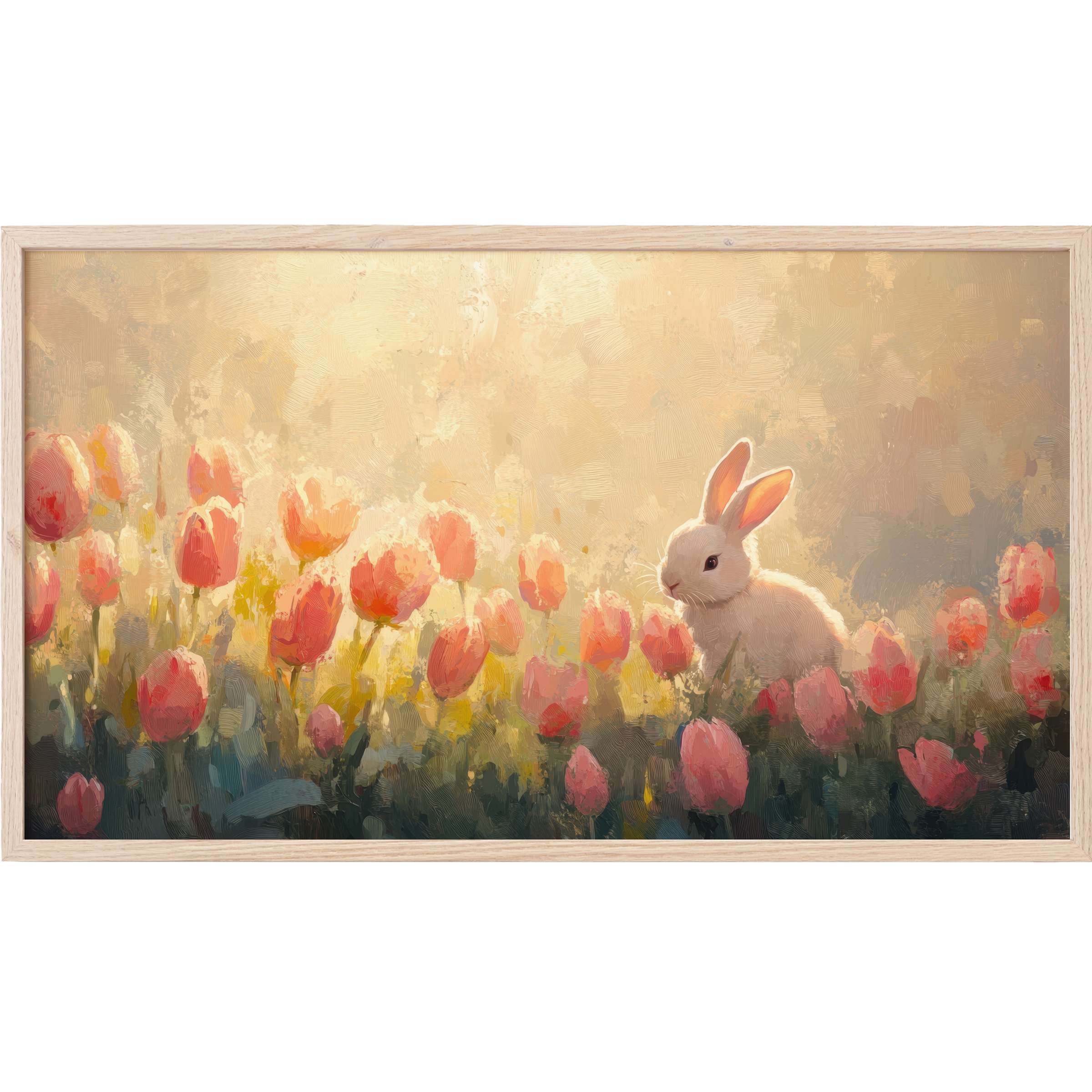 easter Frame TV Art with a soft white rabbit among pink tulips in warm, impressionistic light and earthy tones