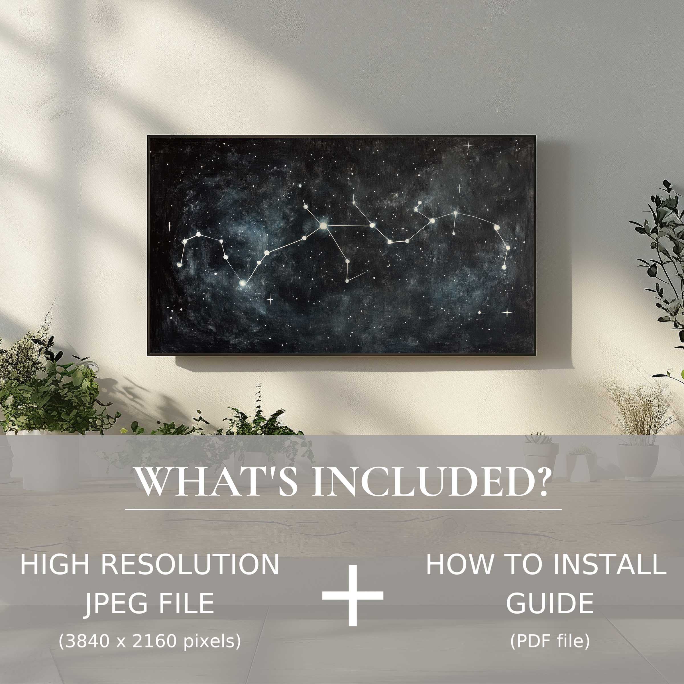 Elegant living room with minimalist digital TV art download showcasing stars, easy digital use enhances decor space