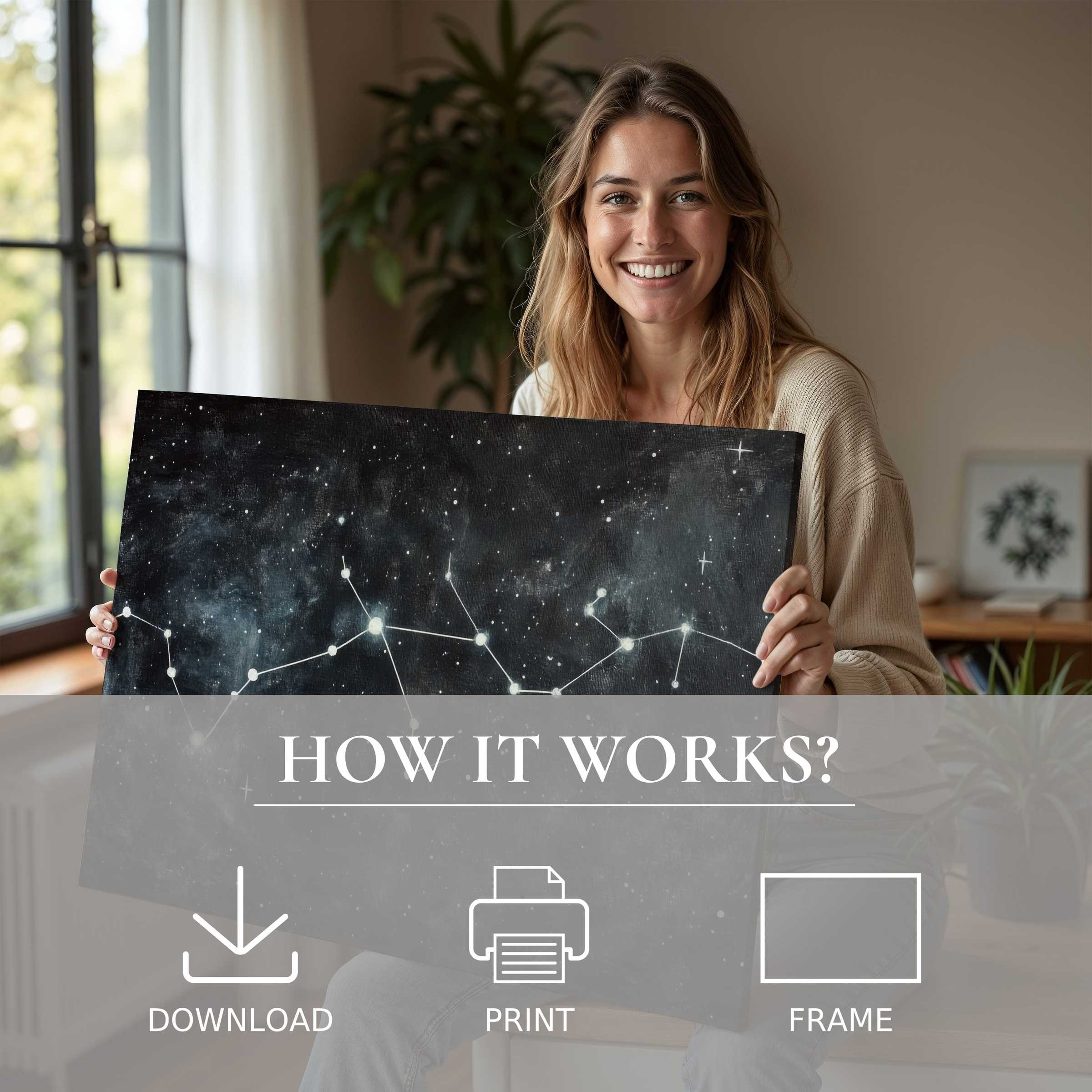Woman in a serene modern home joyfully connecting with a minimalist digital art print of celestial constellations