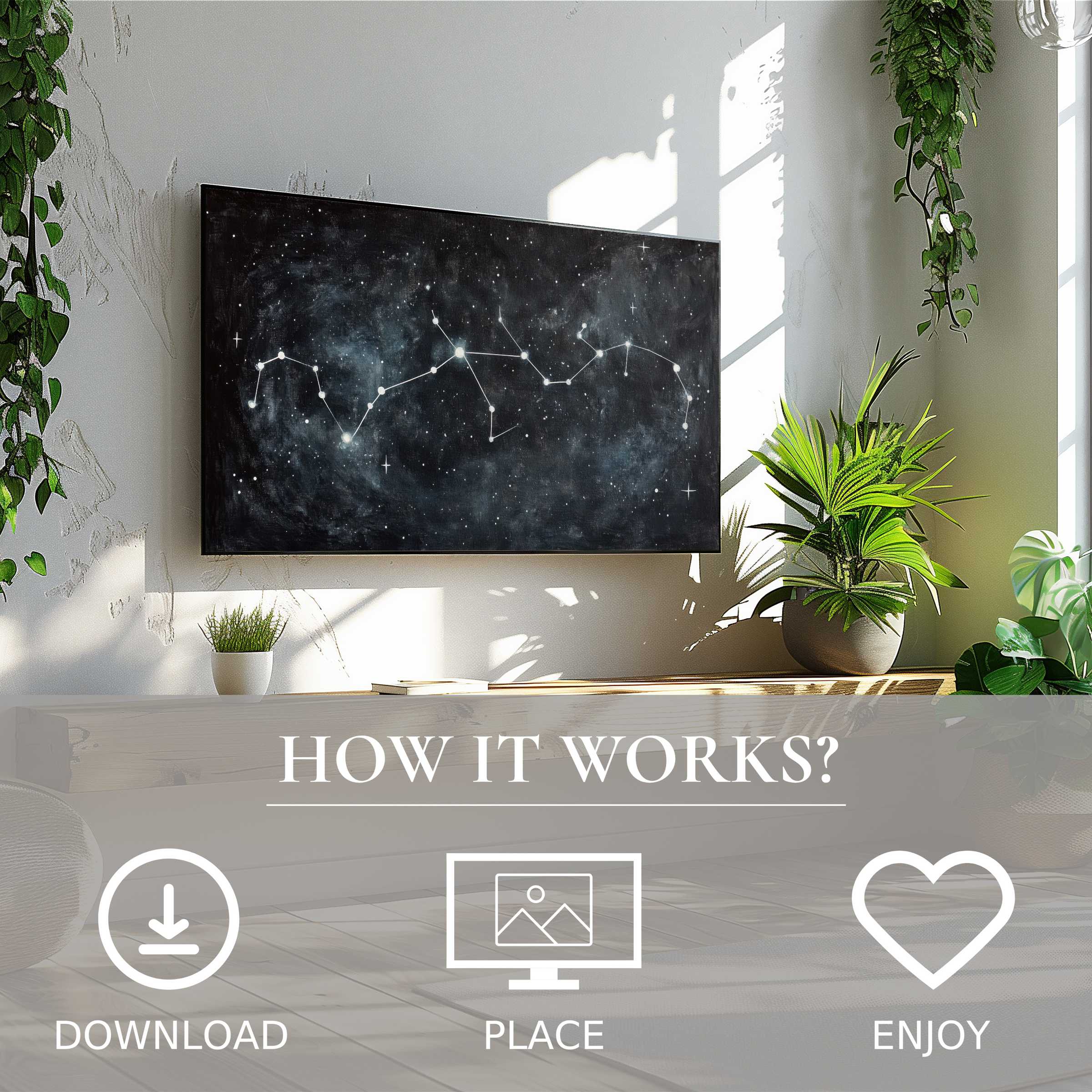 Minimalist art for Samsung TV showing abstract starry constellation, easy digital download enriches bright living spaces