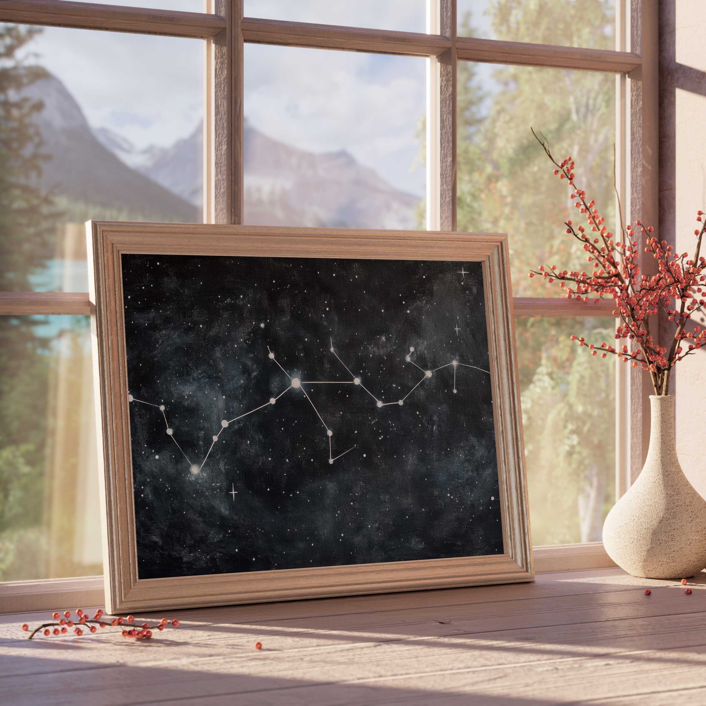 Minimalist downloadable art capturing a serene night sky constellation, enhancing tranquil, curated interiors with celestial charm