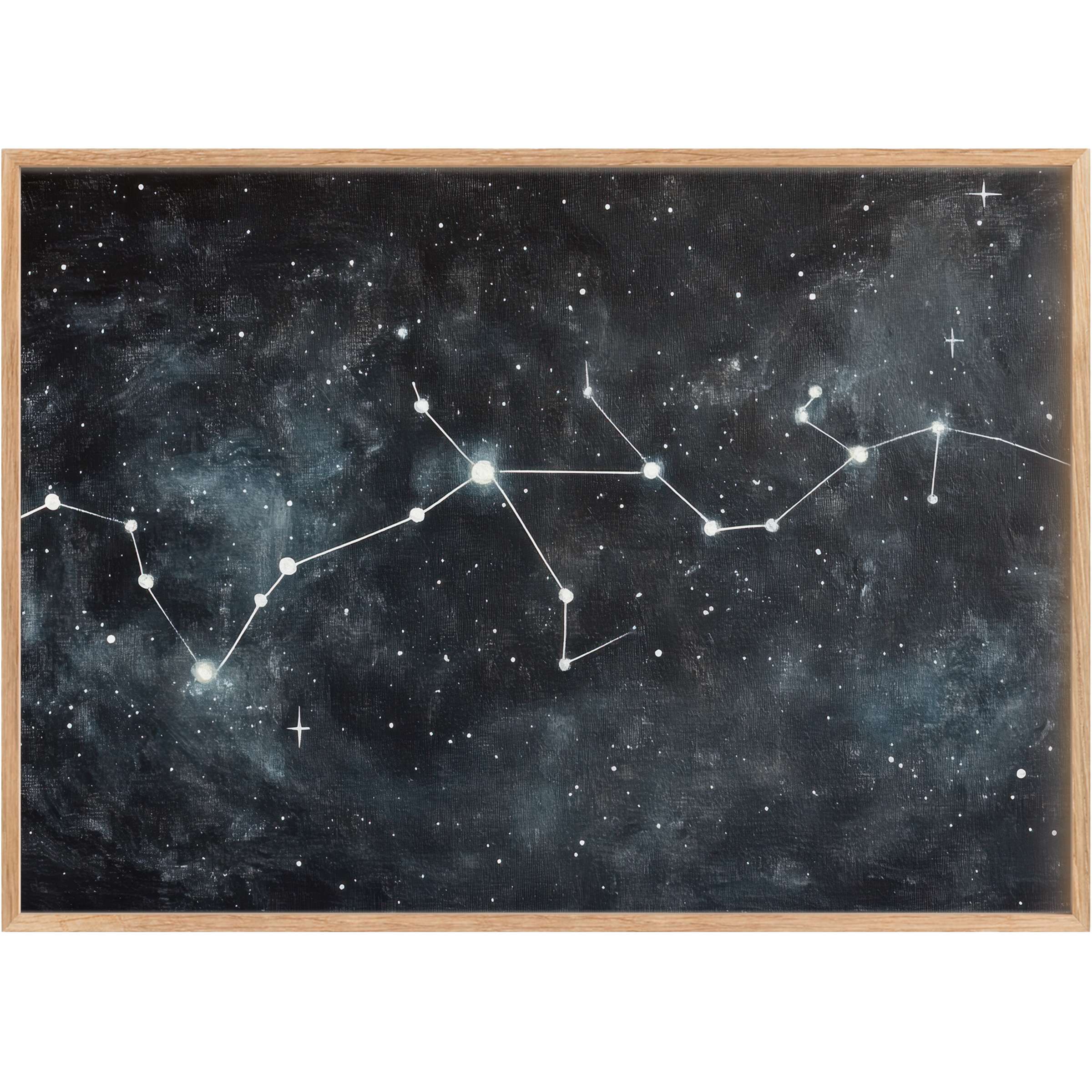 Ethereal constellation lines glow softly against a deep navy sky, crafting a calming, minimalist printable wall art