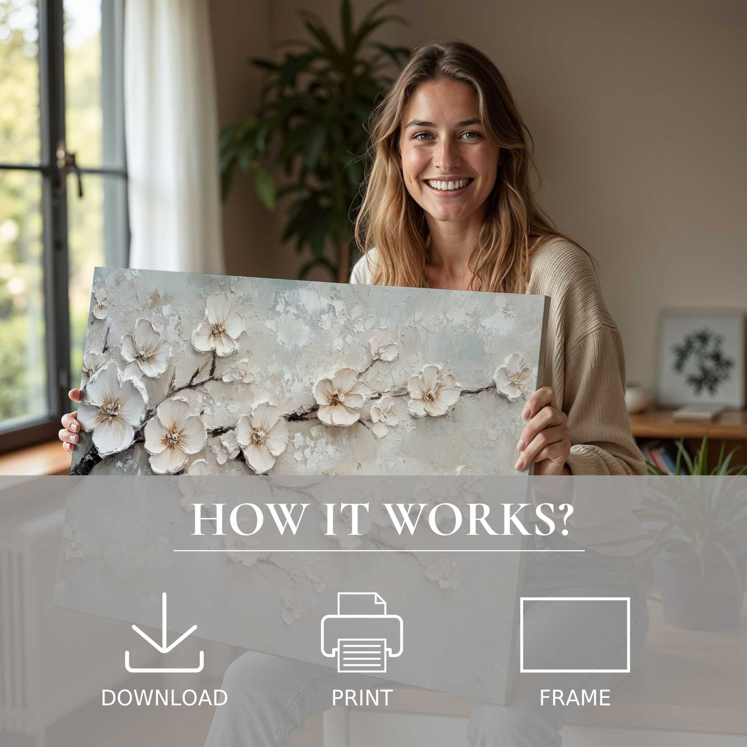 Radiant with joy, a woman embraces the timeless charm of a vintage digital art print, bringing serene beauty and effortless elegance to her modern home