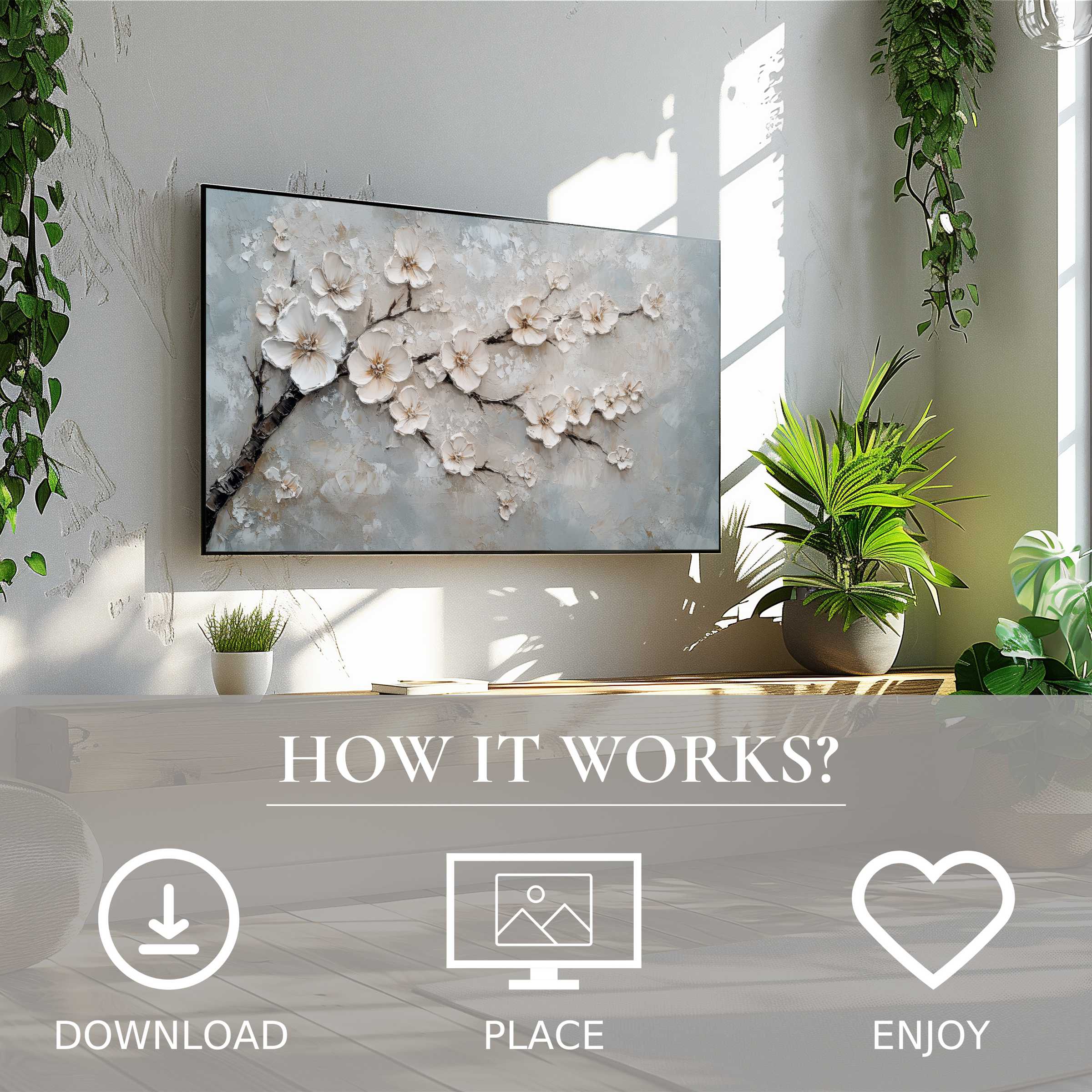 Vintage art for Samsung TV with soft floral tones, easy digital download enriching modern living spaces effortlessly