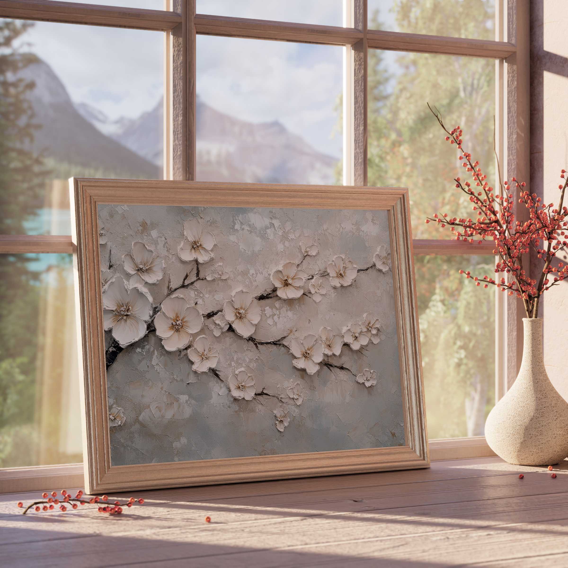 Vintage downloadable art of textured white blossoms brings serene, timeless elegance to curated, tranquil interiors