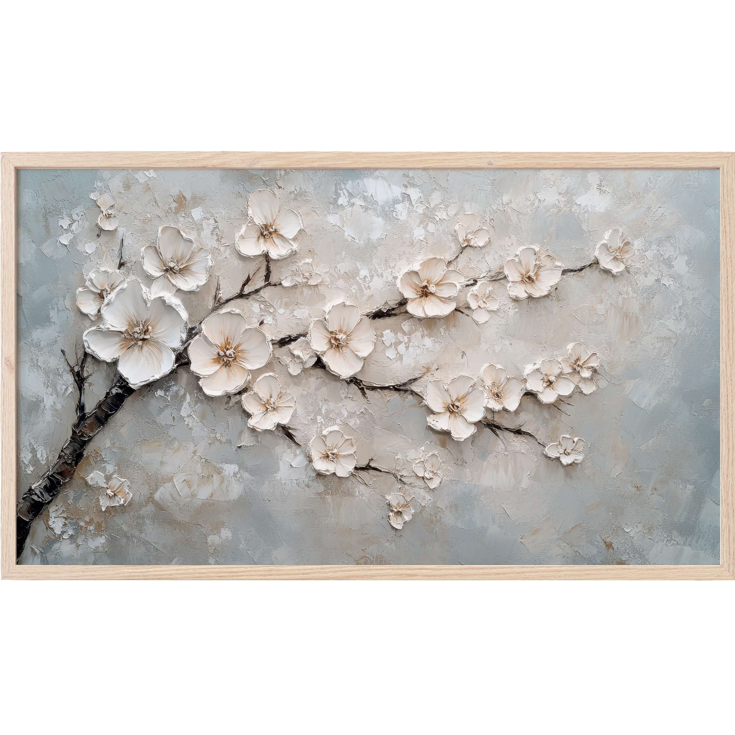 Vintage Frame TV Art depicting textured cream blossoms on muted gray branches with soft, sophisticated neutral tones