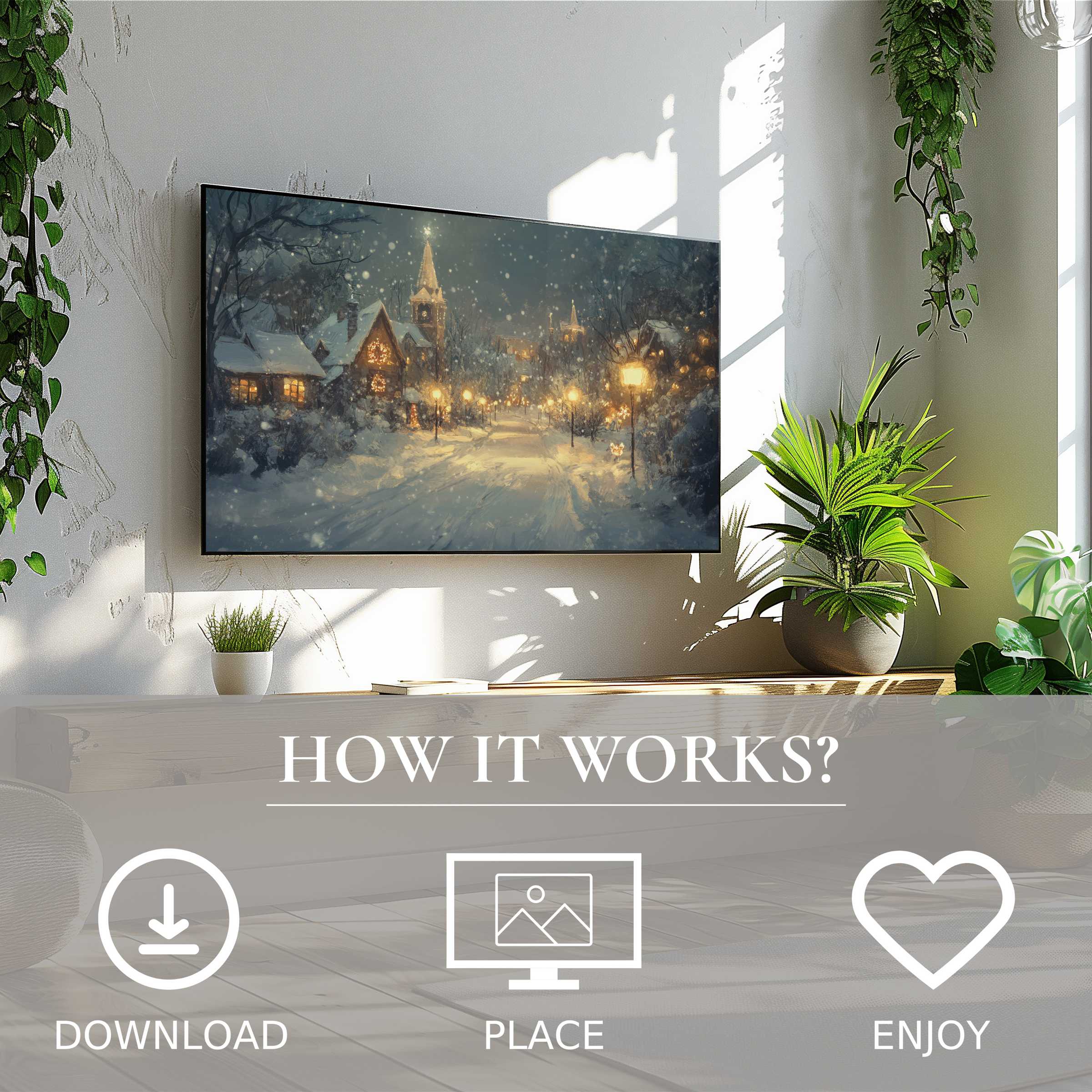 Modern living room with green plants and easy digital download of christmas art for Samsung TV showing warm snowy village scene