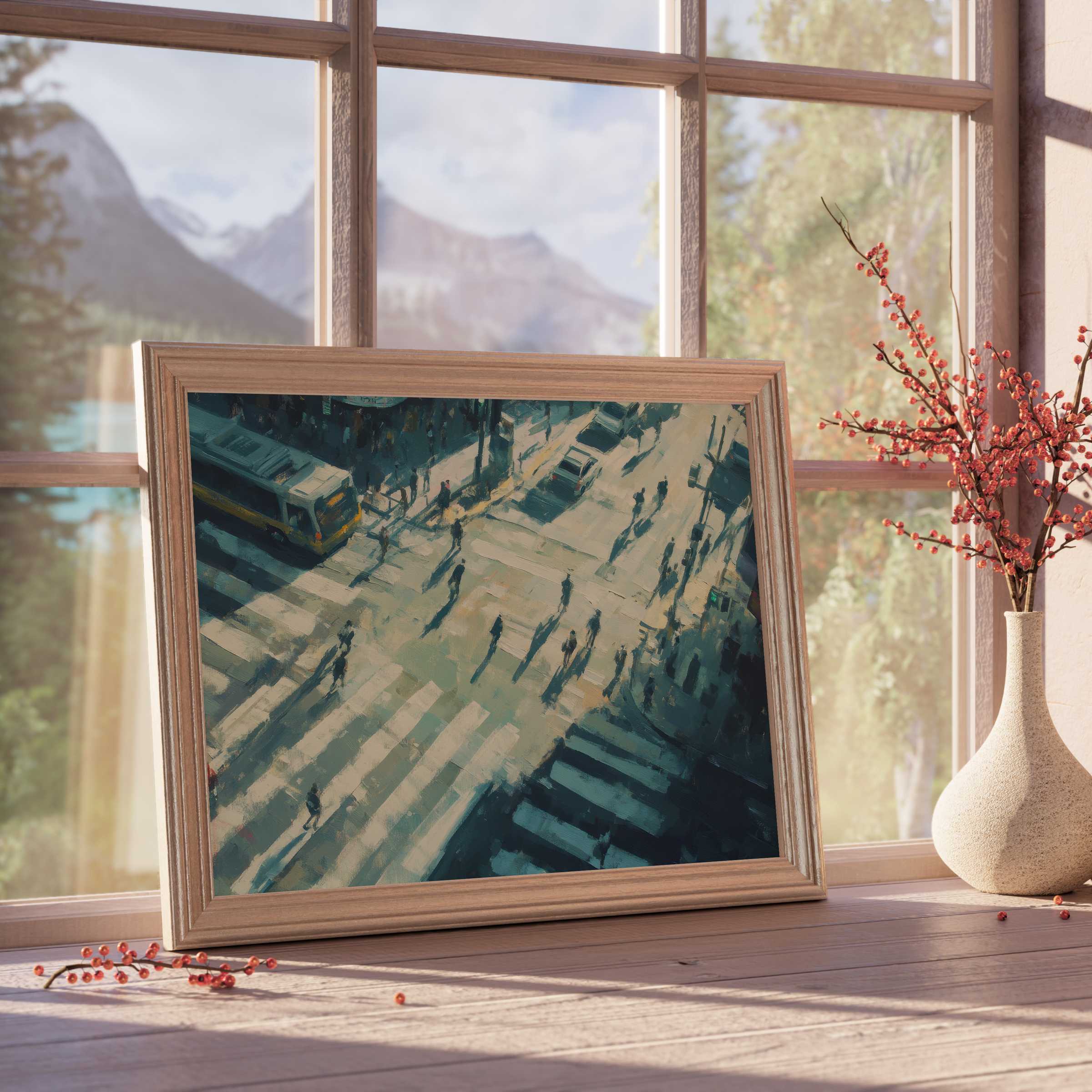 Urban downloadable art capturing sunlit city crosswalks with elegant shadows, enriching serene, design-forward interiors and modern living spaces