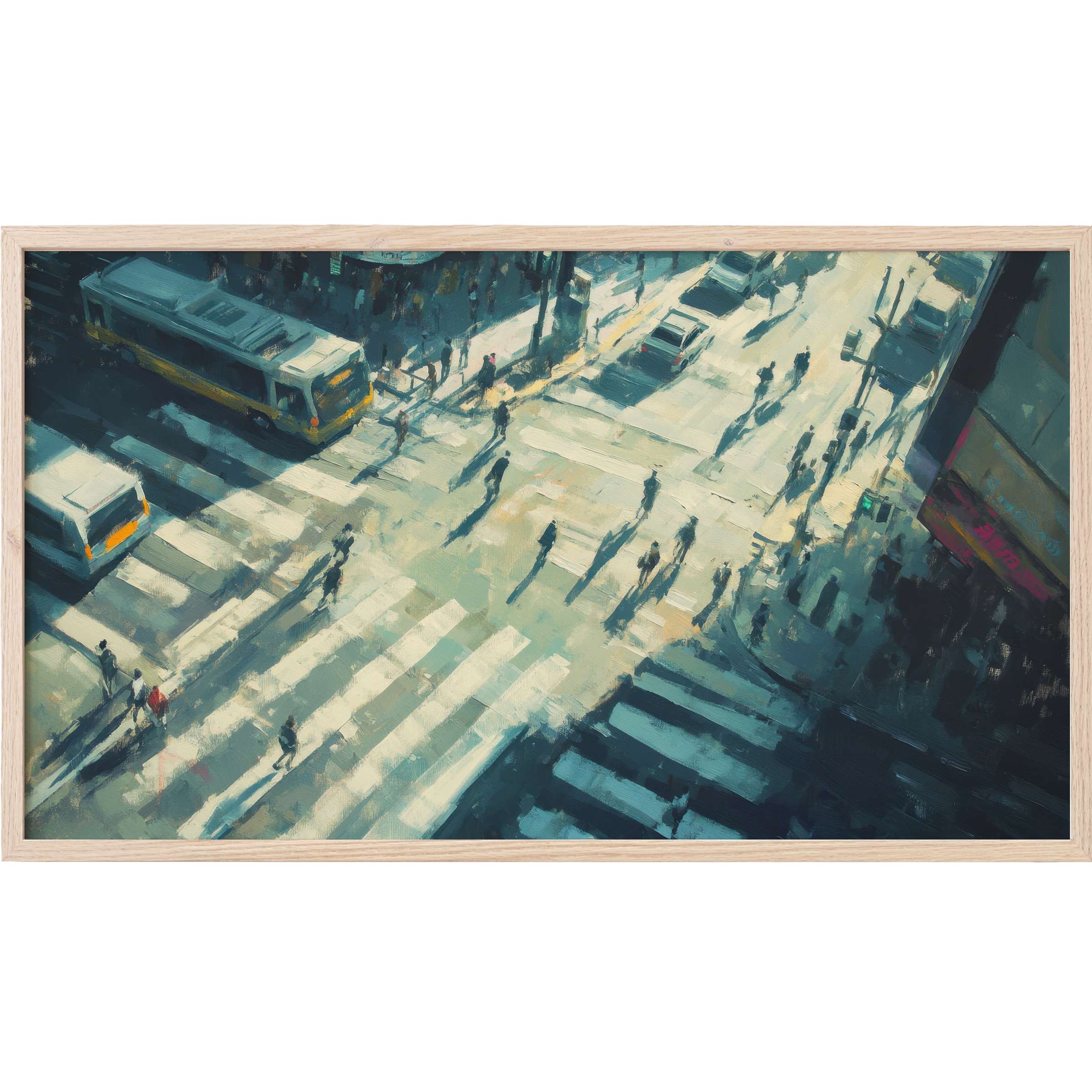 Urban Frame TV Art showcasing a dynamic city crosswalk scene in muted blues and creamy sunlight hues