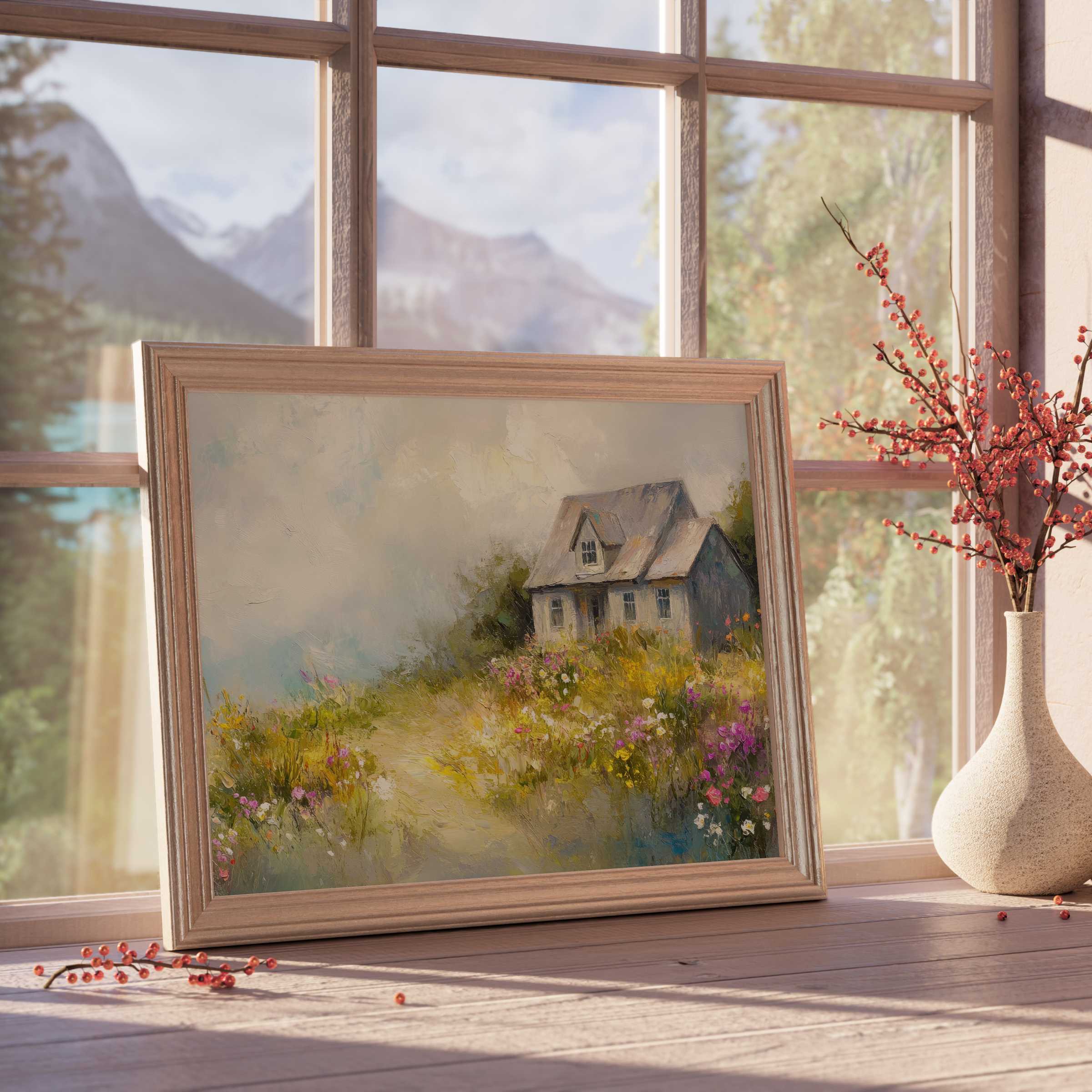 Coastal downloadable art capturing a serene cottage amid blooming meadows, adding tranquil warmth to curated modern interiors