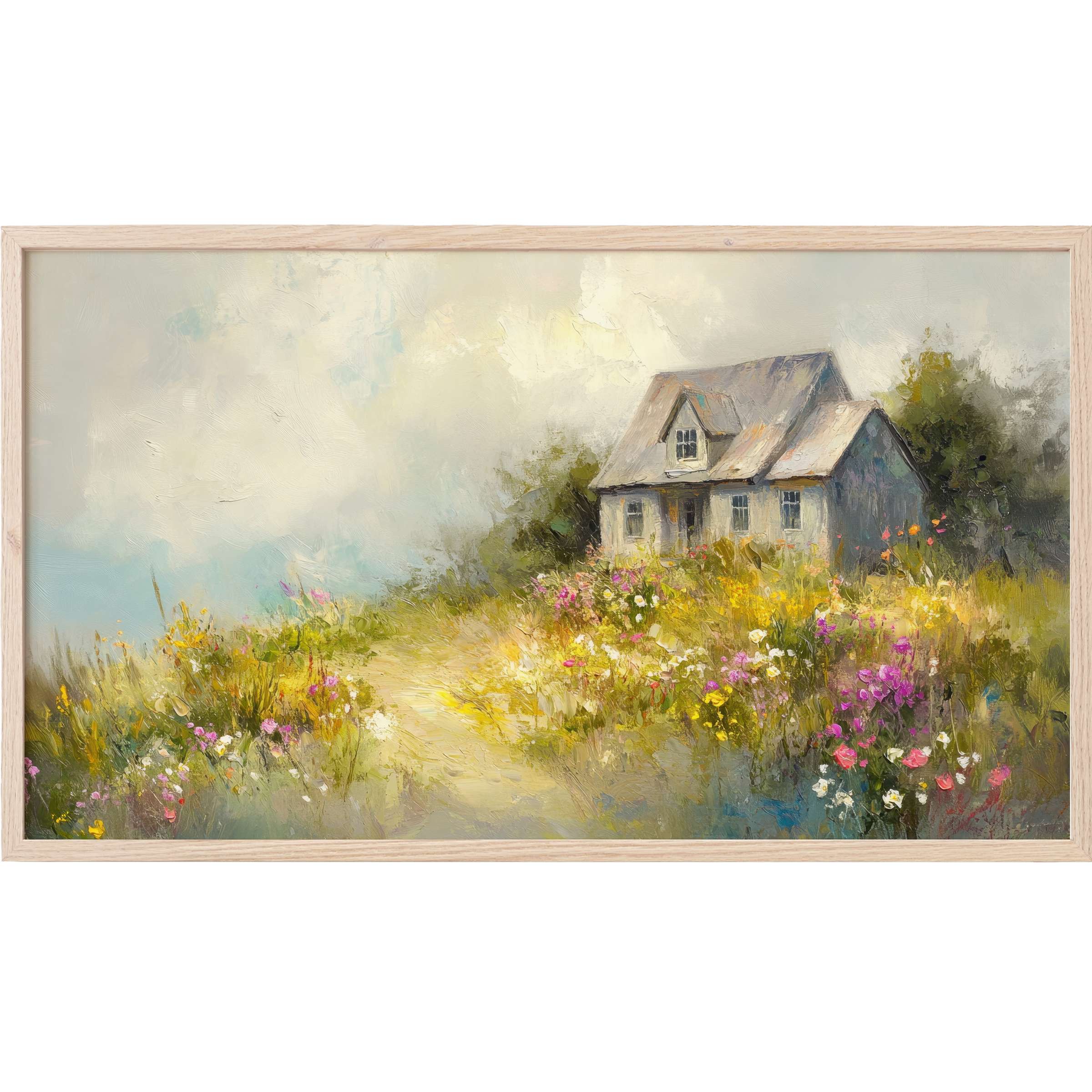 Coastal Frame TV Art depicting a serene cottage with soft pastels and vibrant wildflowers in an impressionist style