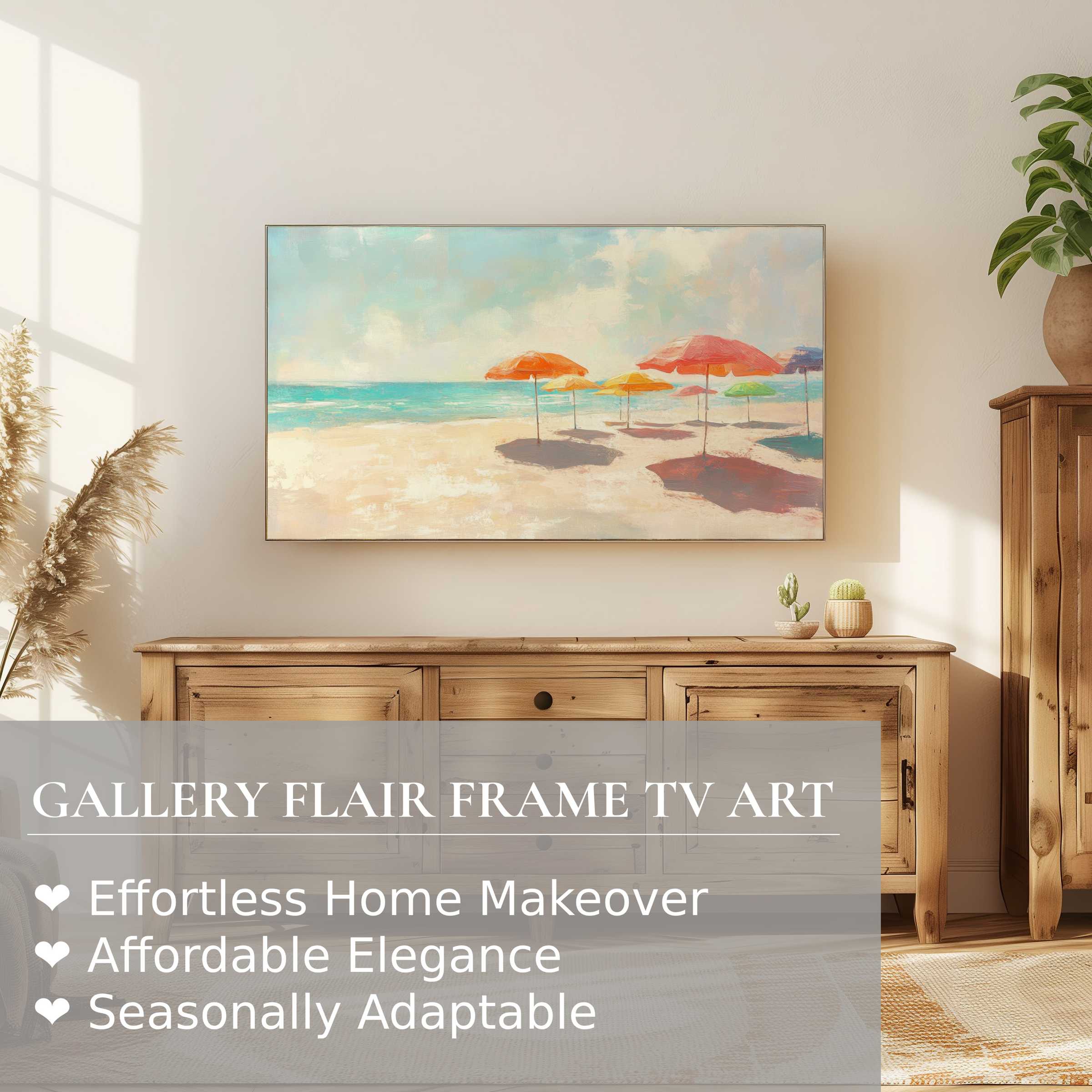 Samsung Frame TV displays elegant summer digital artwork of pastel beach umbrellas in a serene, stylish living room setting