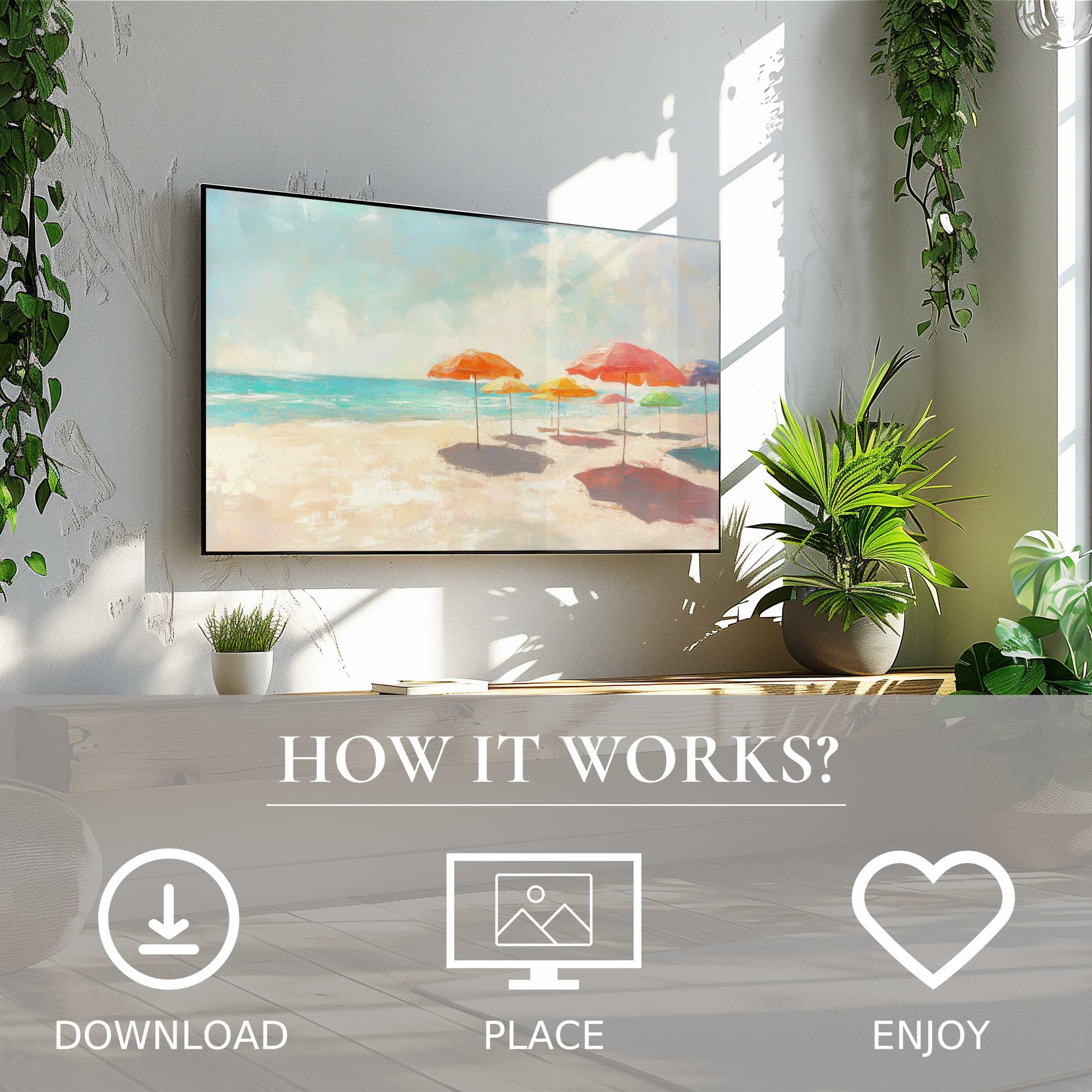 Summer art for Samsung TV: soft sunset tones with beach umbrellas, easy digital download enriches modern living spaces