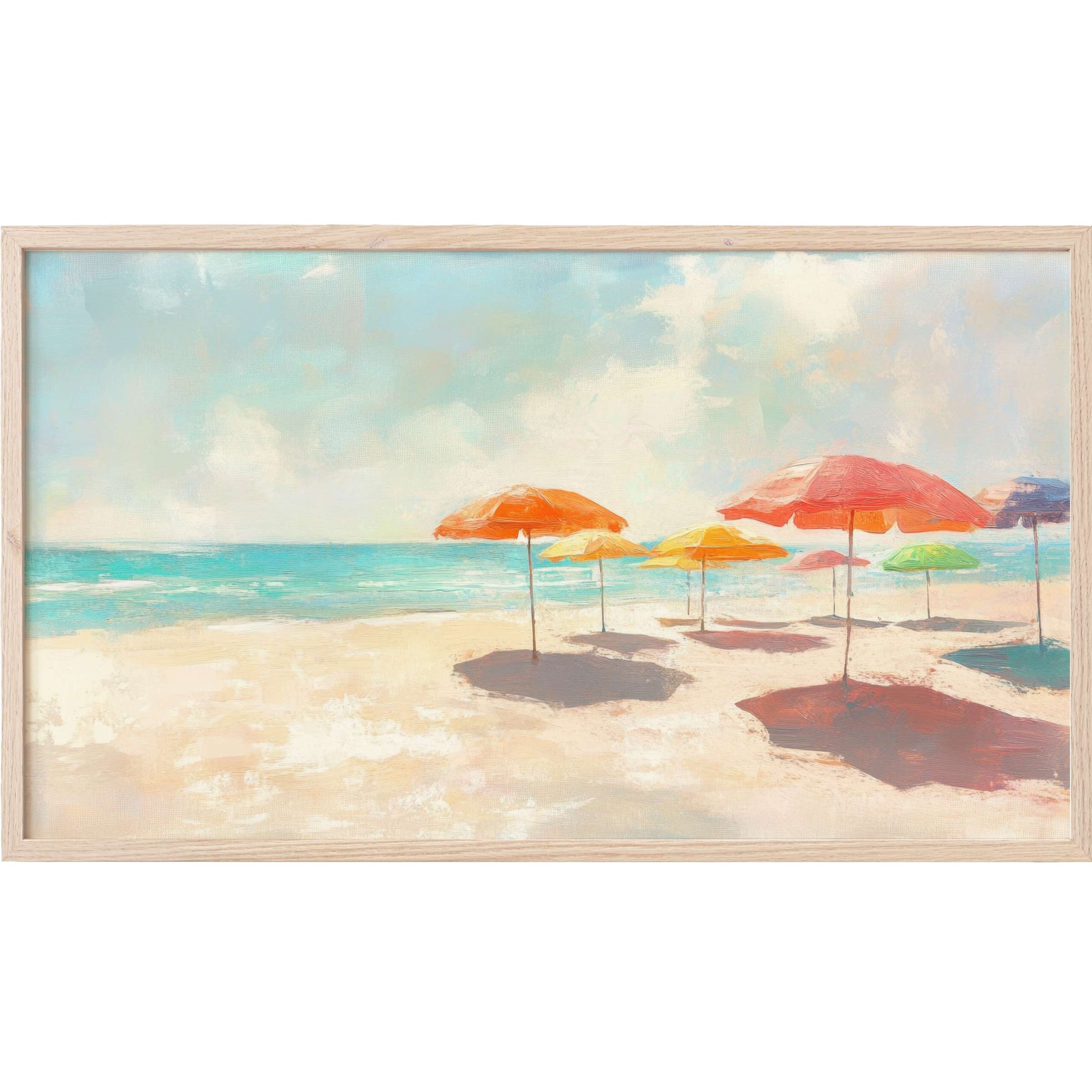 Elegant beach scene with pastel sky, vibrant umbrellas casting soft shadows, summer Frame TV Art