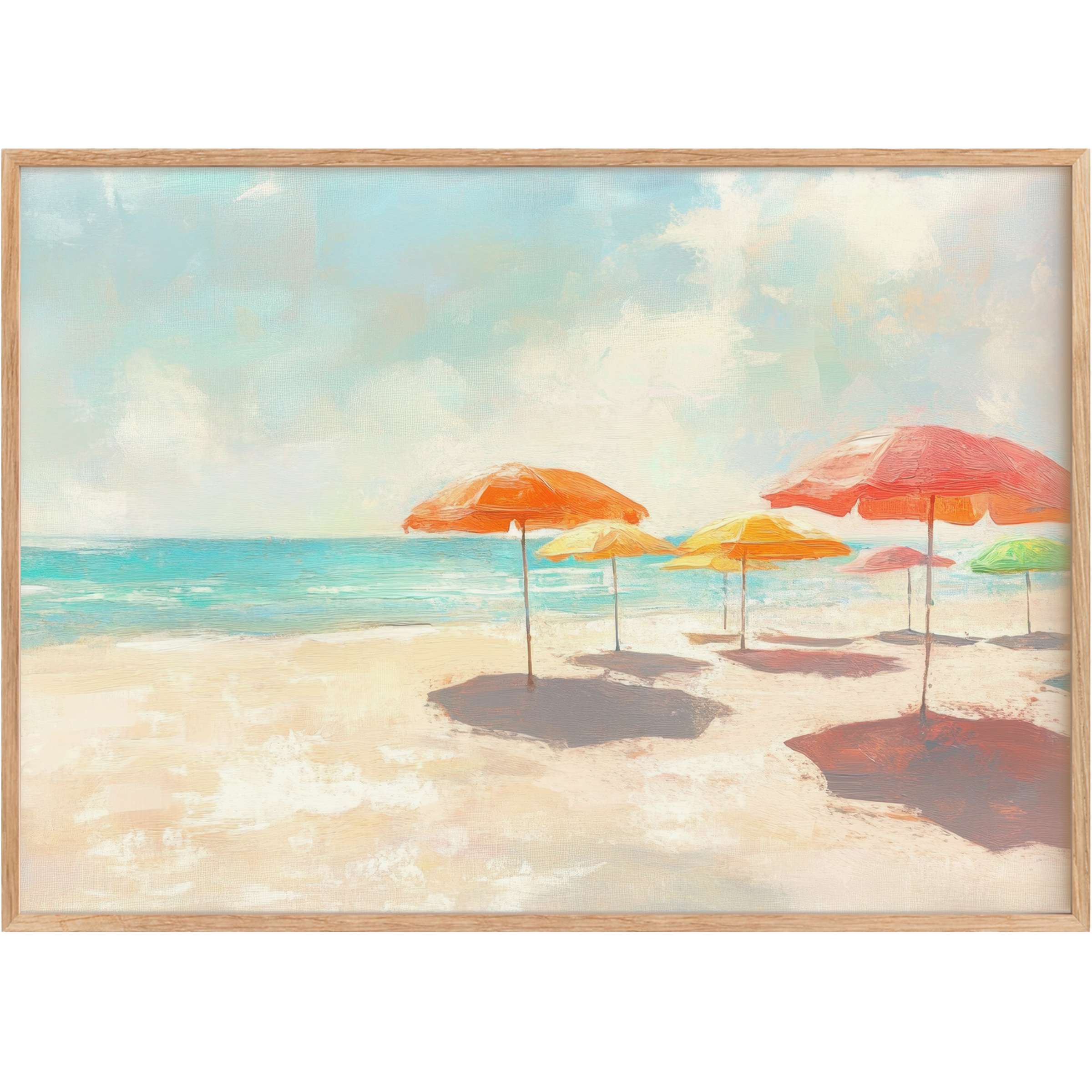 Bright summer printable wall art capturing serene beach umbrellas in warm orange, yellow, and soft pastels for a radiant, uplifting vibe