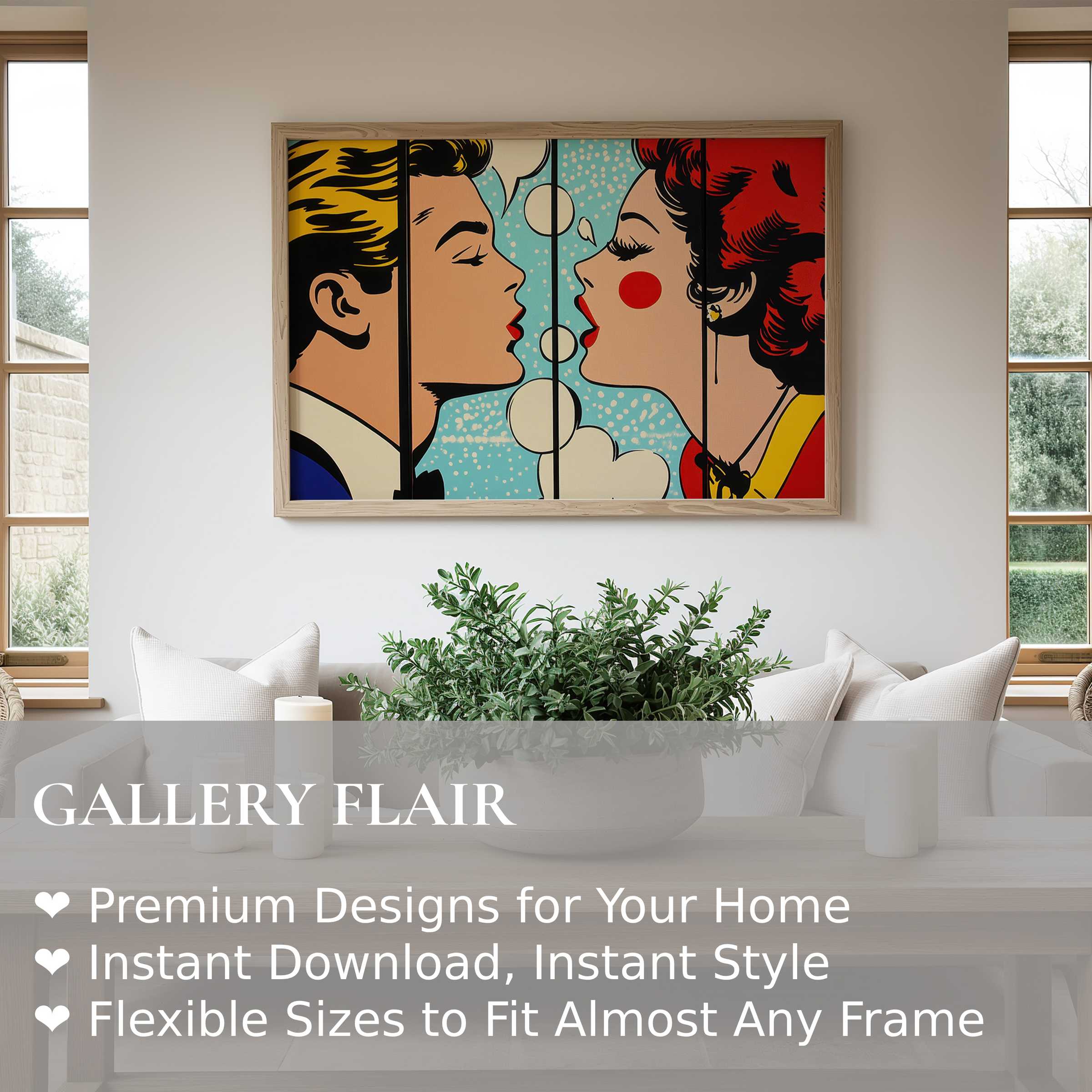 Bold pop art wall art print of a vibrant retro couple in soft modern living room, elevating contemporary home decor with graphic flair