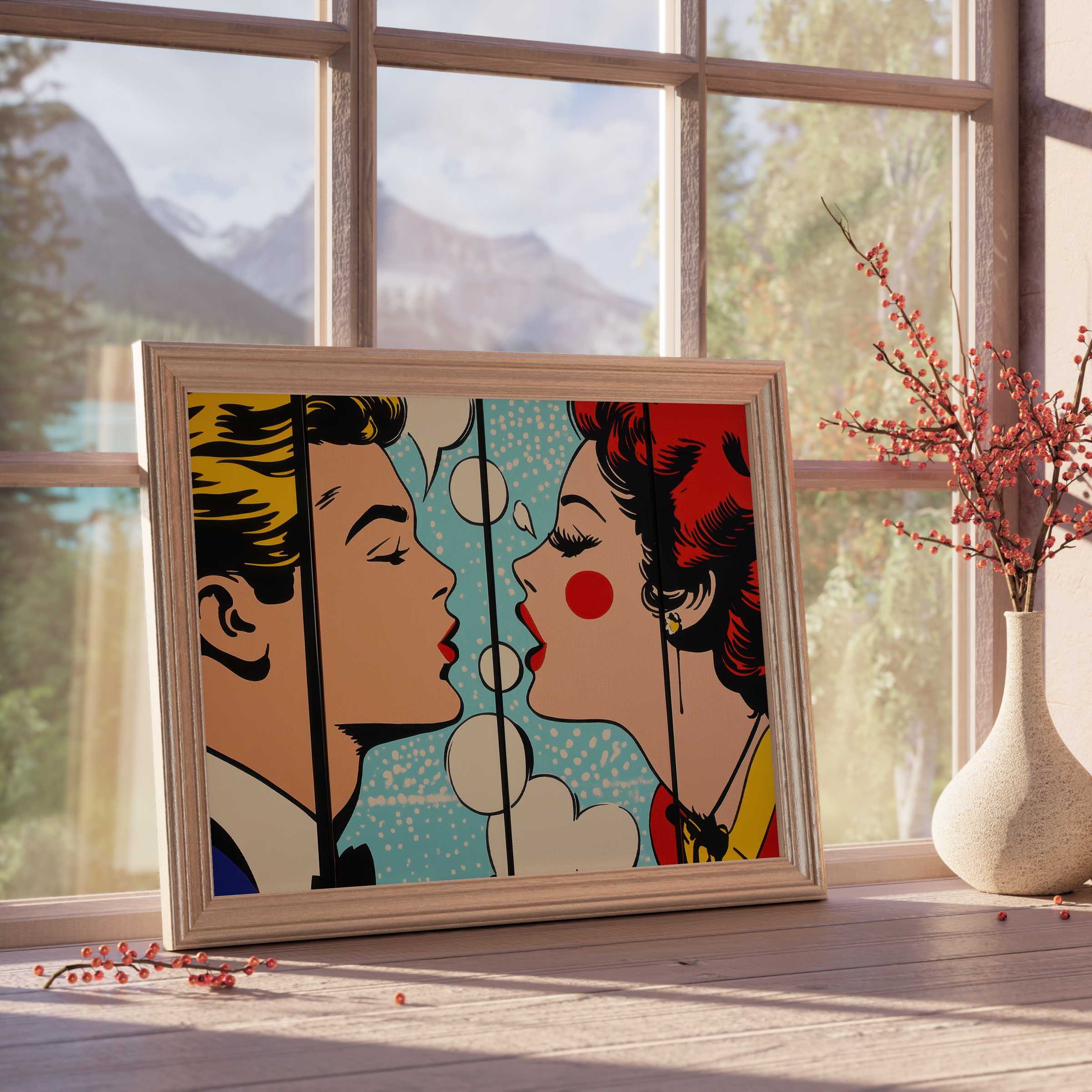Vibrant pop art downloadable art capturing playful romance, enhancing curated modern interiors with bold colors and timeless charm