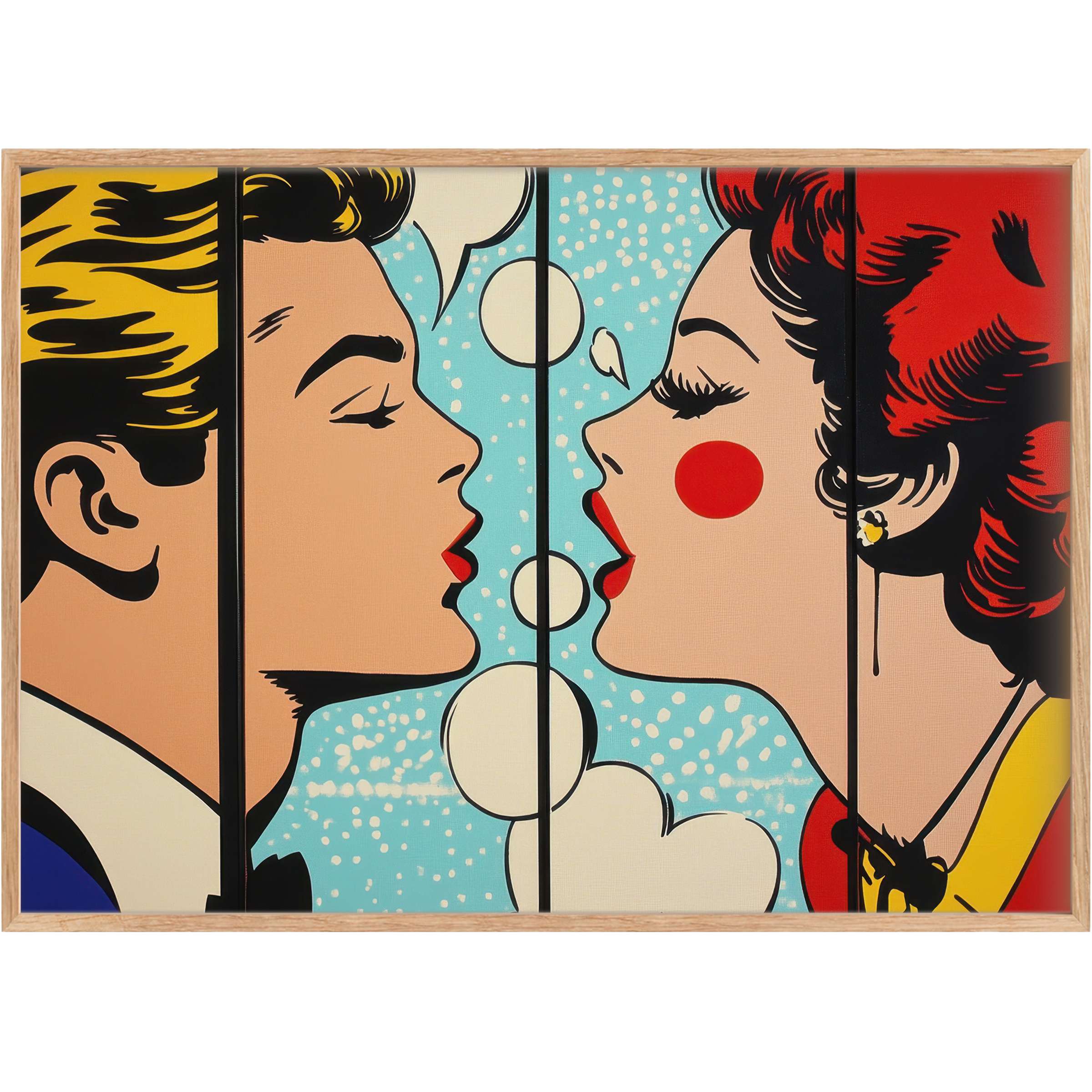 Vibrant pop art printable wall art capturing a playful romantic moment with bold reds, yellows, and serene blues, energizing stylish spaces