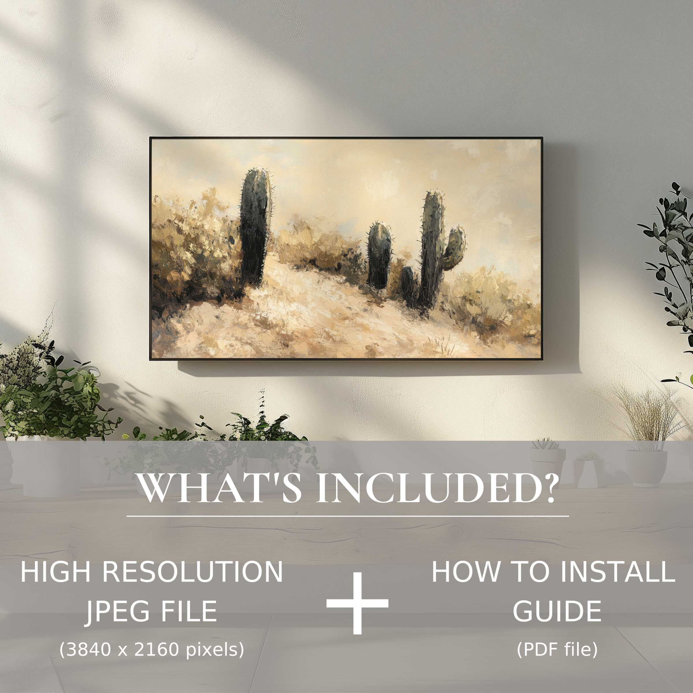 Elegant cactus landscape digital TV art download, easy to use digital file elevating any modern living space