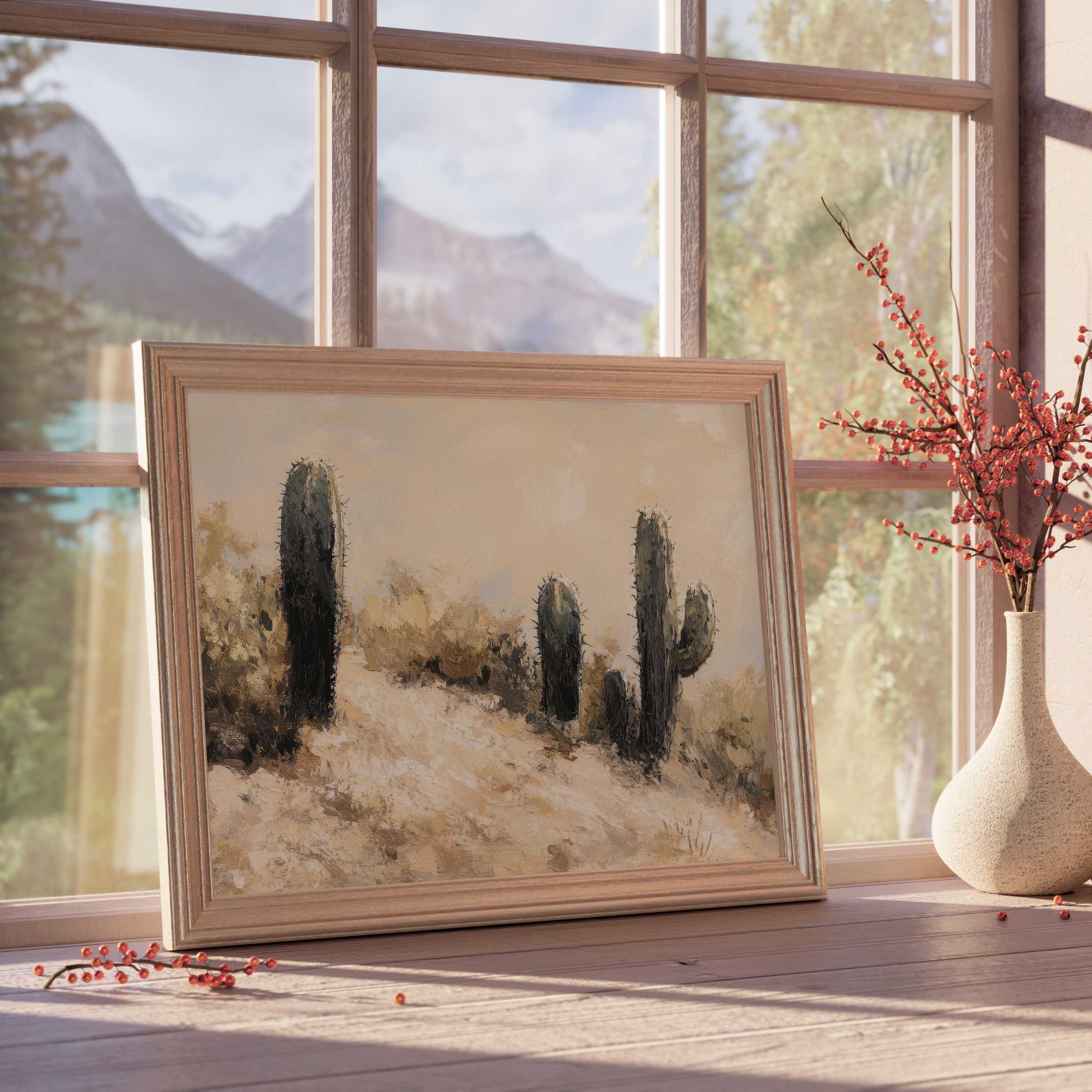 Serene landscape downloadable art featuring textured desert cacti in warm neutrals, perfect for curated, tranquil modern interiors