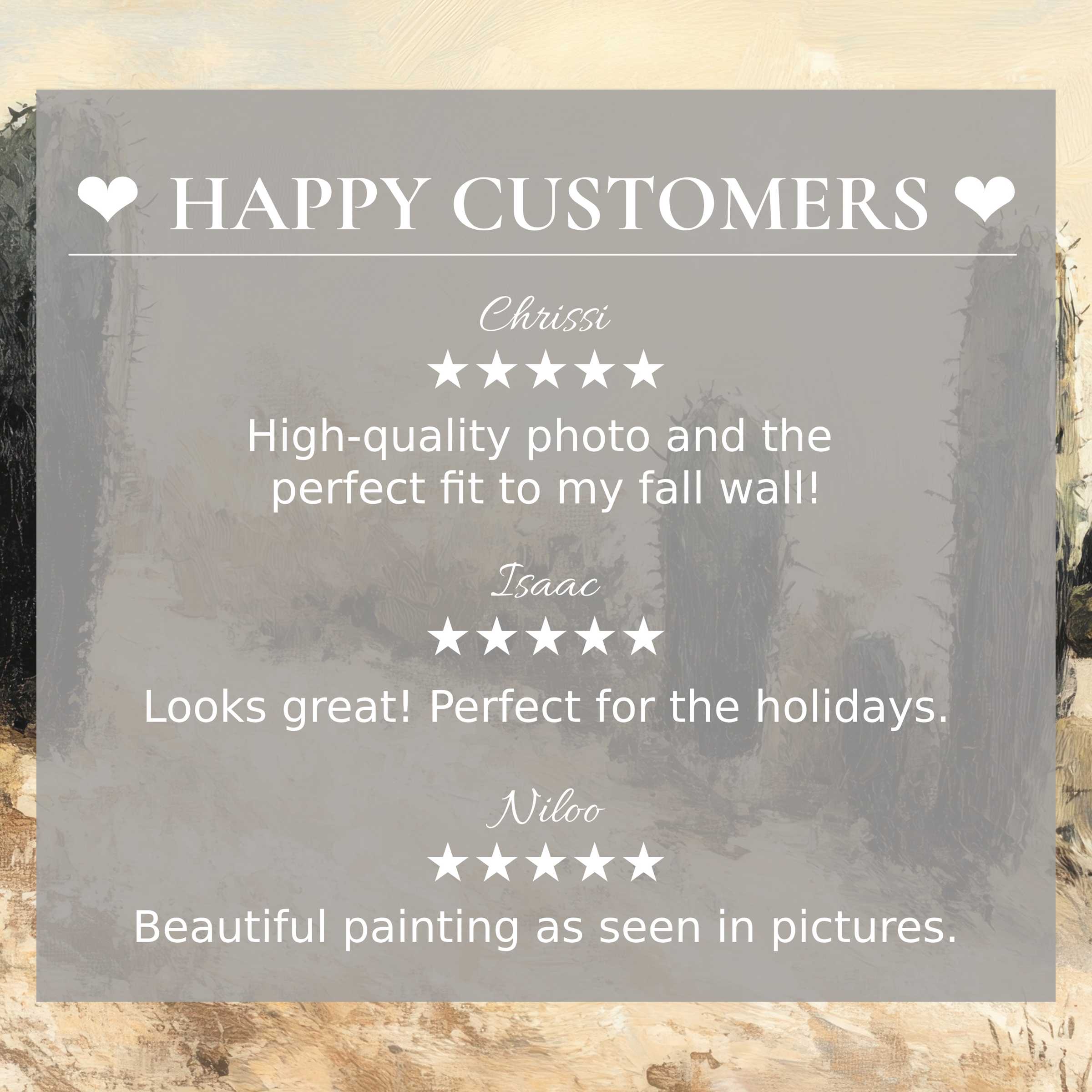 Elegant landscape art for Frame TV with abstract earthy tones and happy customer reviews building trust