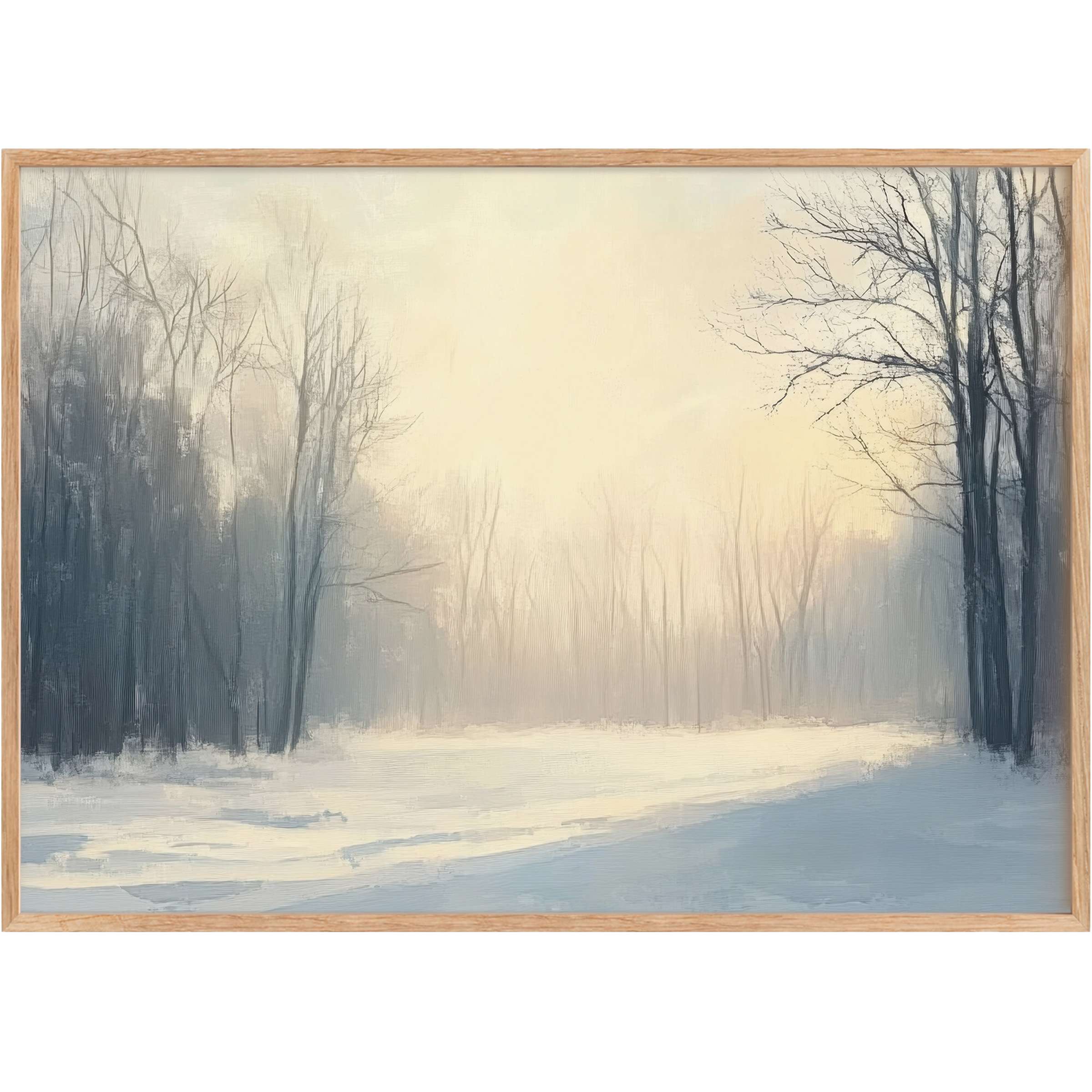 Ethereal winter printable wall art in soft blues and creams, evoking serene calm and gentle morning light for refined spaces