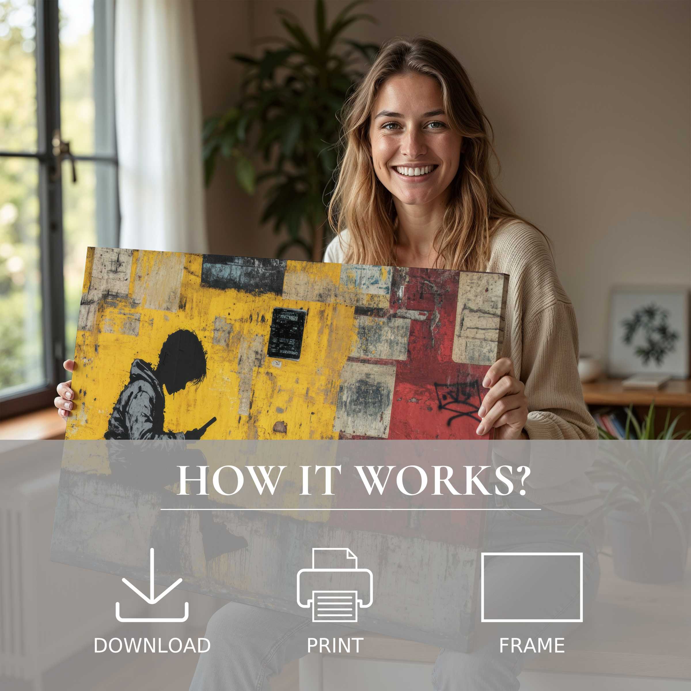 A joyful moment of connection with street art digital art print, enhancing modern living with effortless elegance