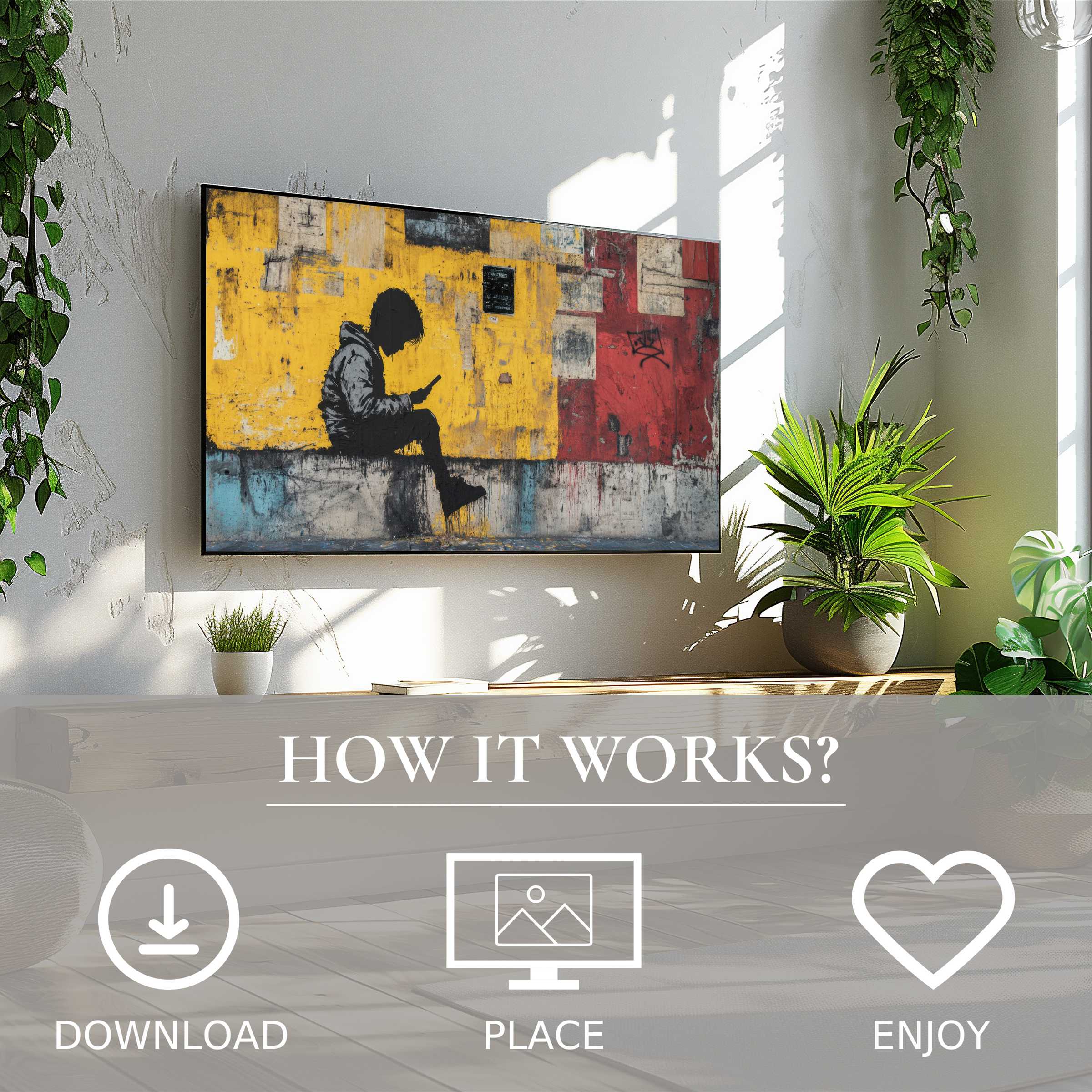 Modern room with vibrant street art for Samsung TV, featuring urban silhouette on colorful wall; easy digital download