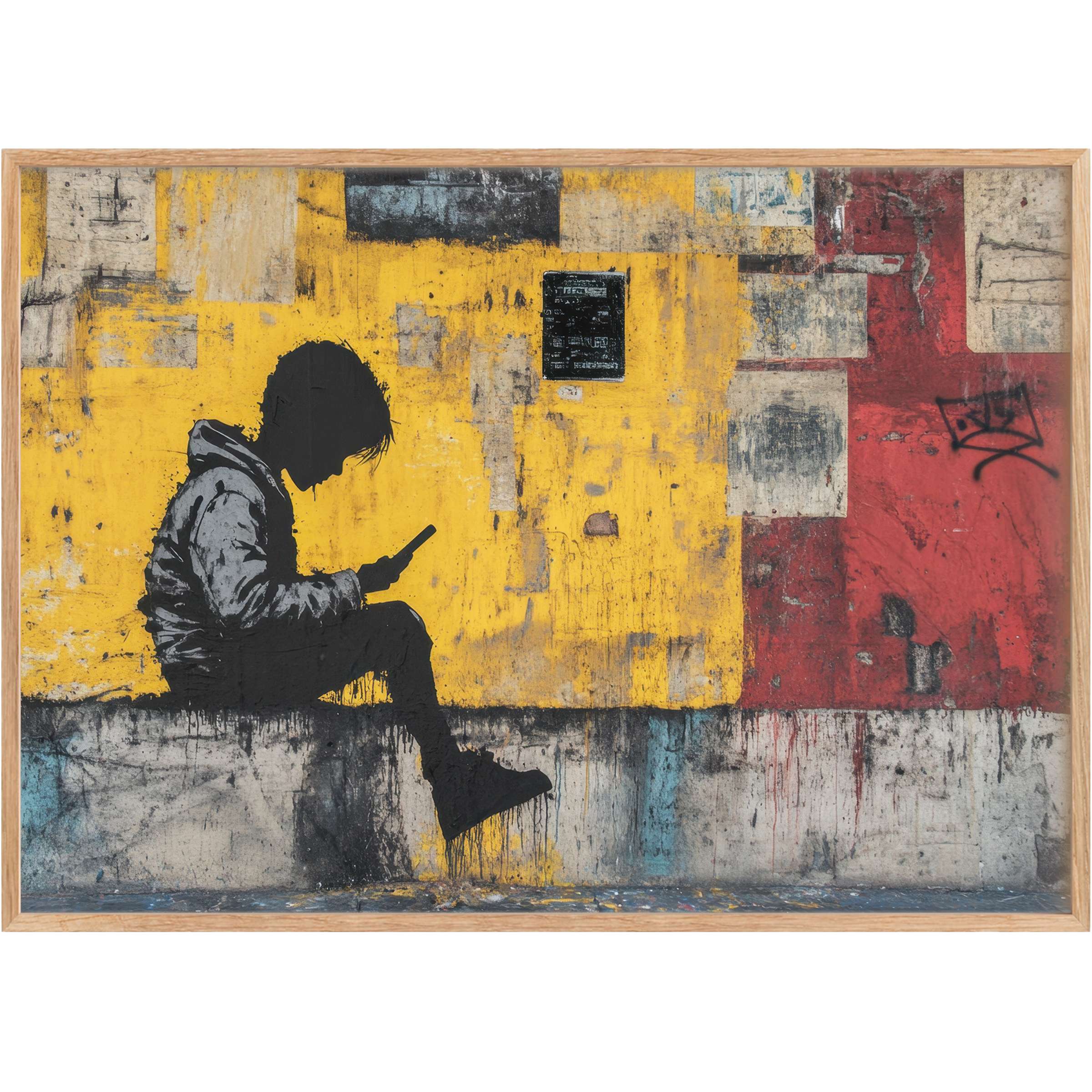 Bold street art printable wall art featuring a contemplative child silhouette against vibrant yellow and red, evoking urban depth and introspection