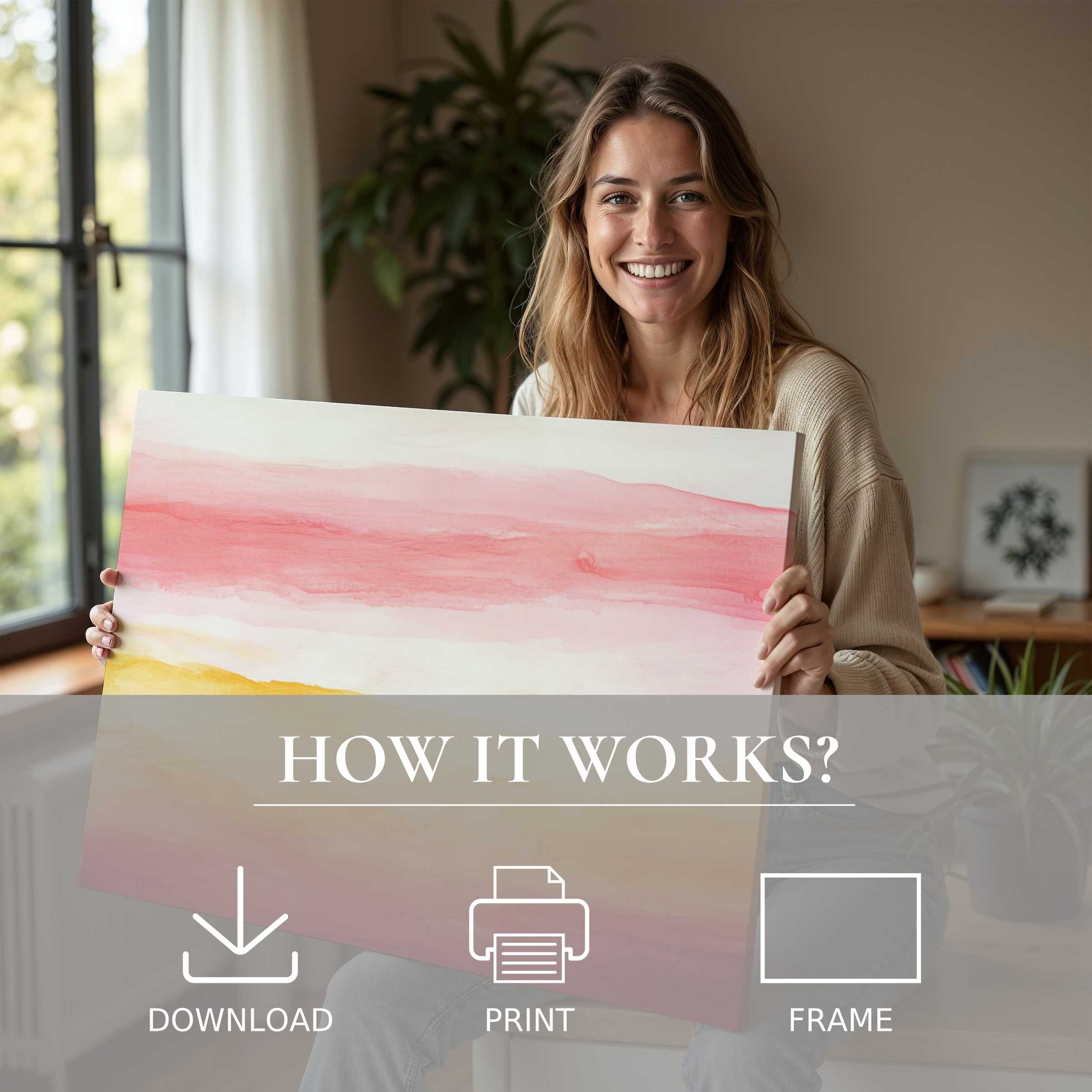 Woman joyfully sharing a serene abstract digital art print in soft pink and golden hues, embodying effortless elegance in modern home decor