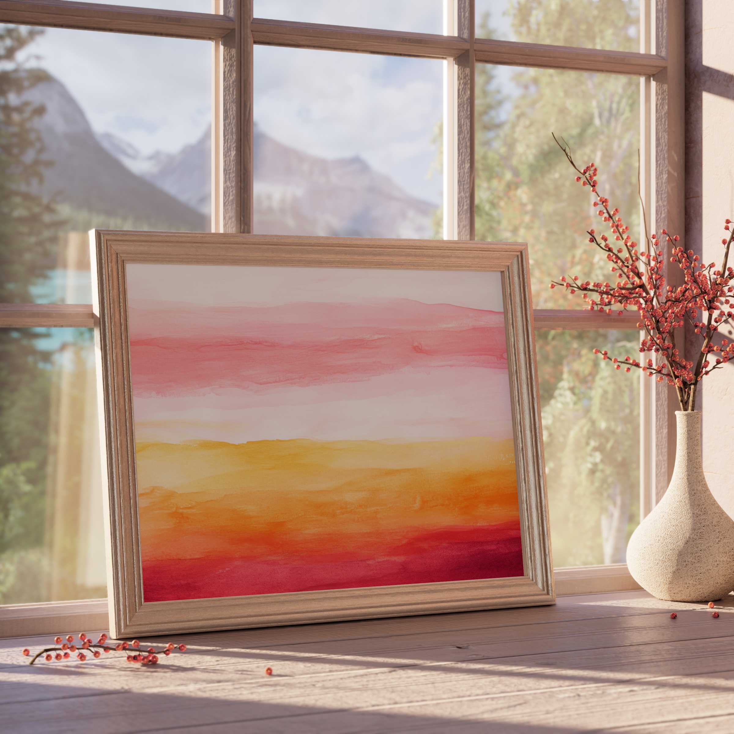 Abstract downloadable art in warm pink, orange, and red hues, elevating serene, curated interiors with a vibrant, modern touch