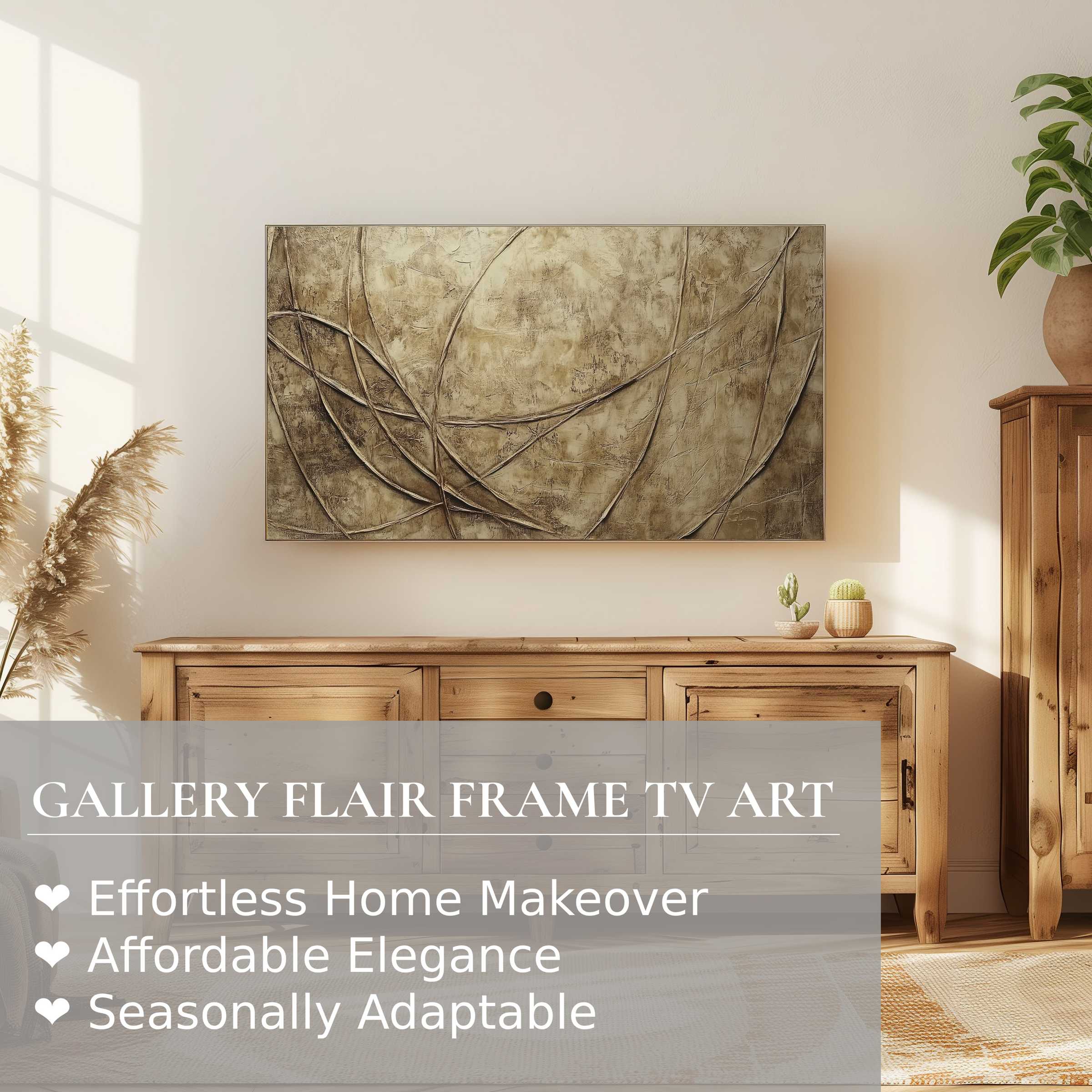 Samsung Frame TV displays warm, textured modern digital artwork in a serene, natural wood-accented living space