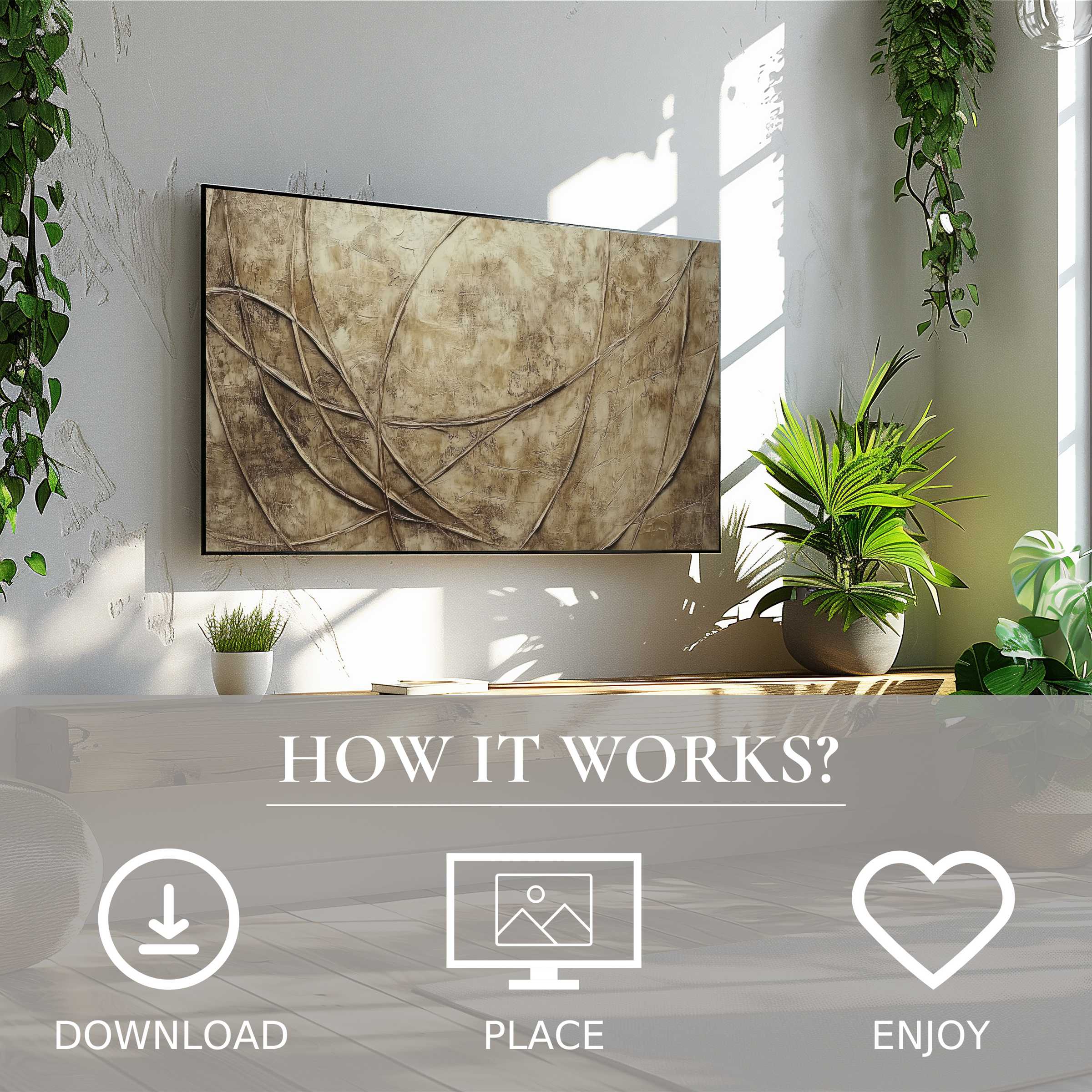 Modern art for Samsung TV in natural tones with textured lines; easy digital download enriches your living space instantly