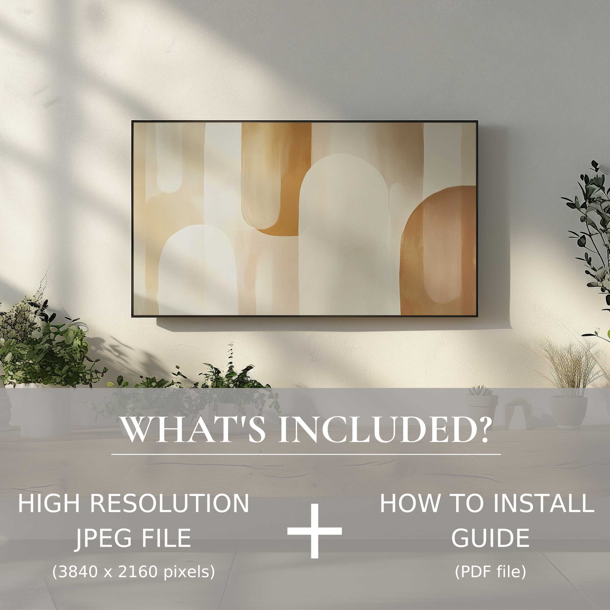 Elegant living room with neutral digital TV art download, easy to use, enhancing modern home ambiance and style