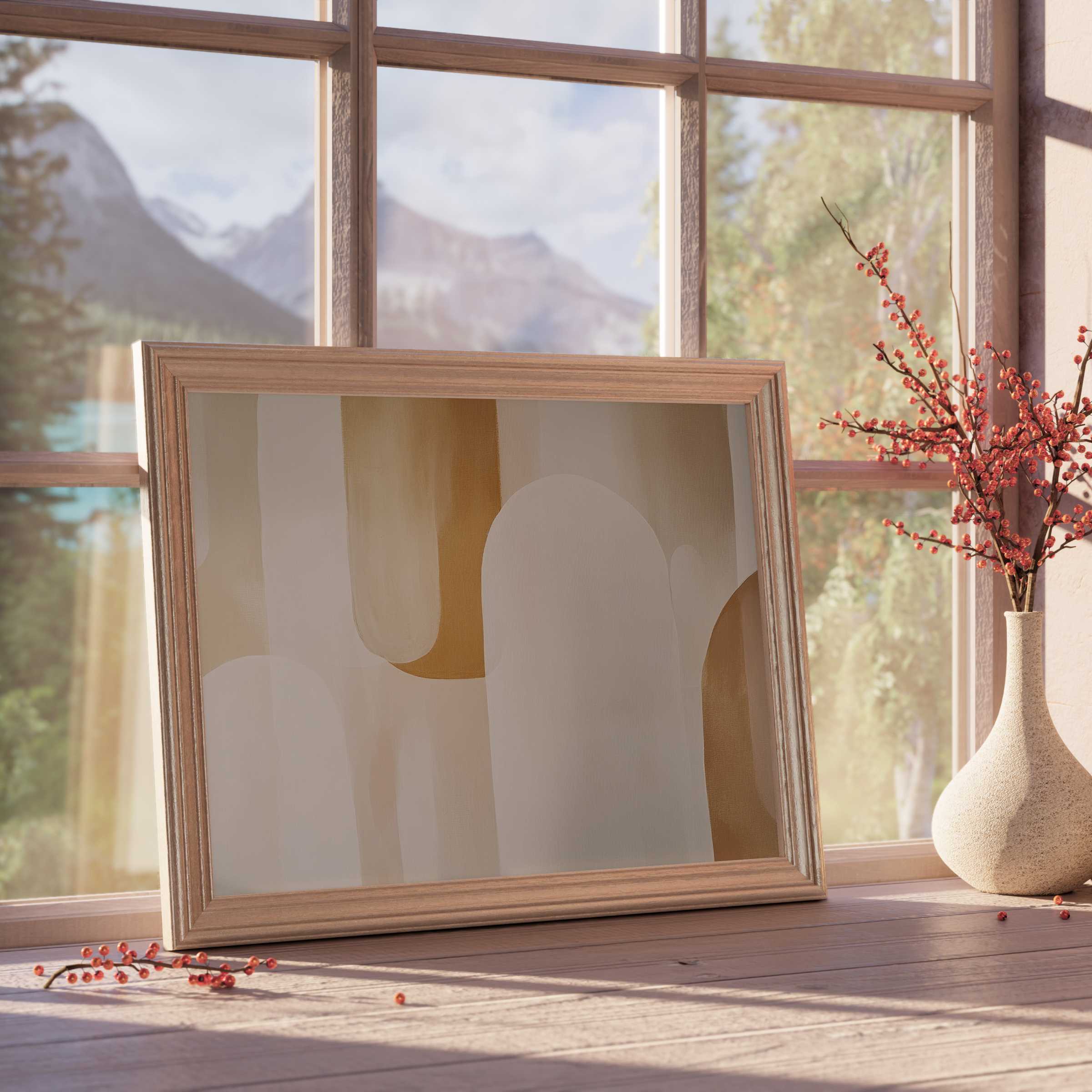 Serene neutral downloadable art in soft beige and ochre hues, elevating curated, tranquil interiors with warm, modern elegance