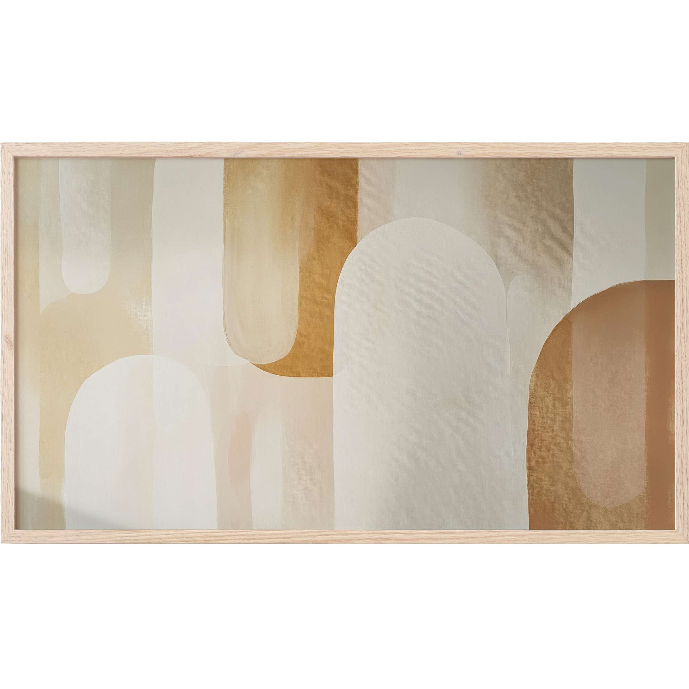 Neutral Frame TV Art with soft beige, cream, and warm ochre arches in a sleek, contemporary abstract composition