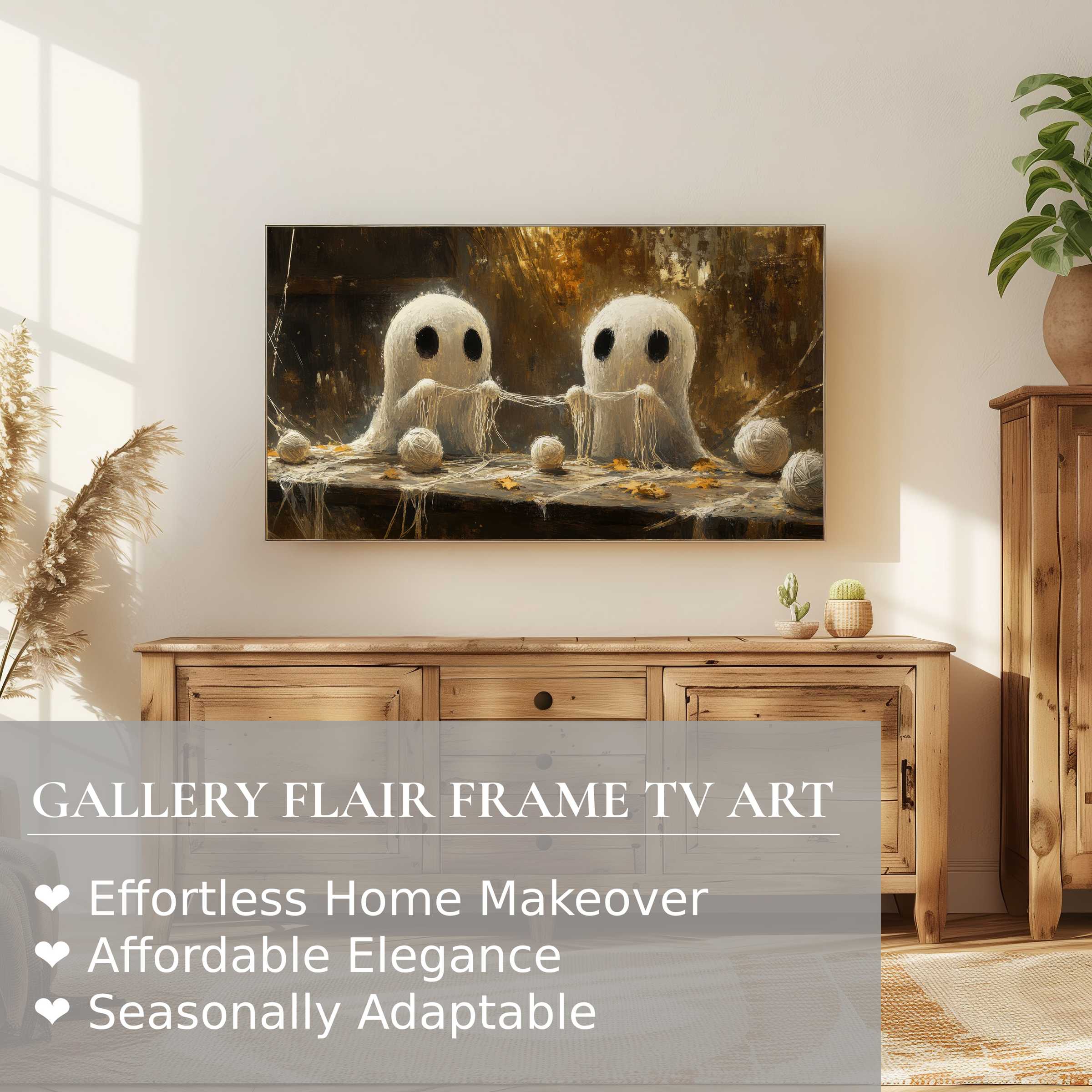 Elegant Halloween digital artwork with soft ghosts and autumn tones on Samsung Frame TV in a modern cozy setting