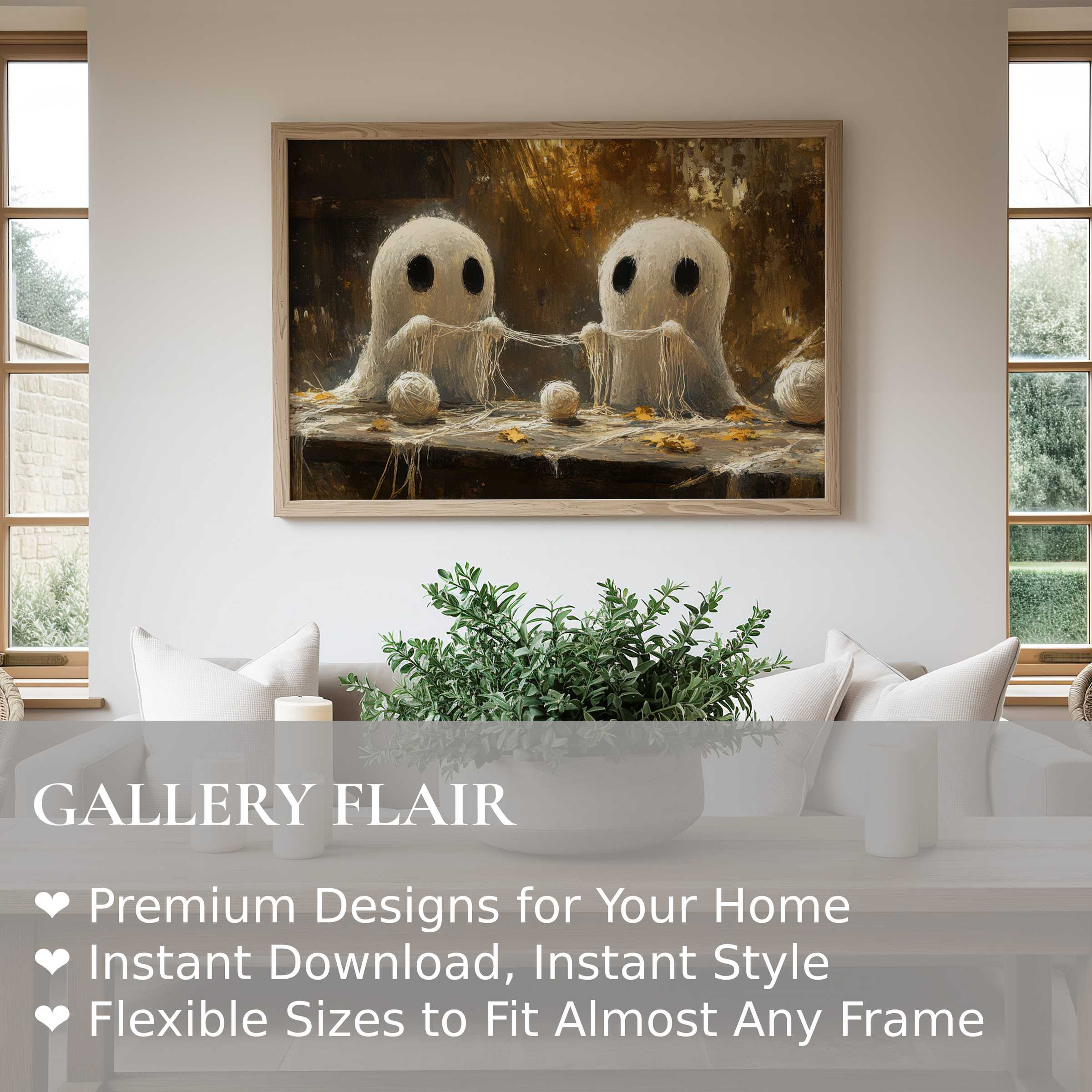 Halloween wall art print featuring whimsical ghost yarn spinners in a warm, rustic modern living room, adding cozy seasonal charm and playful elegance