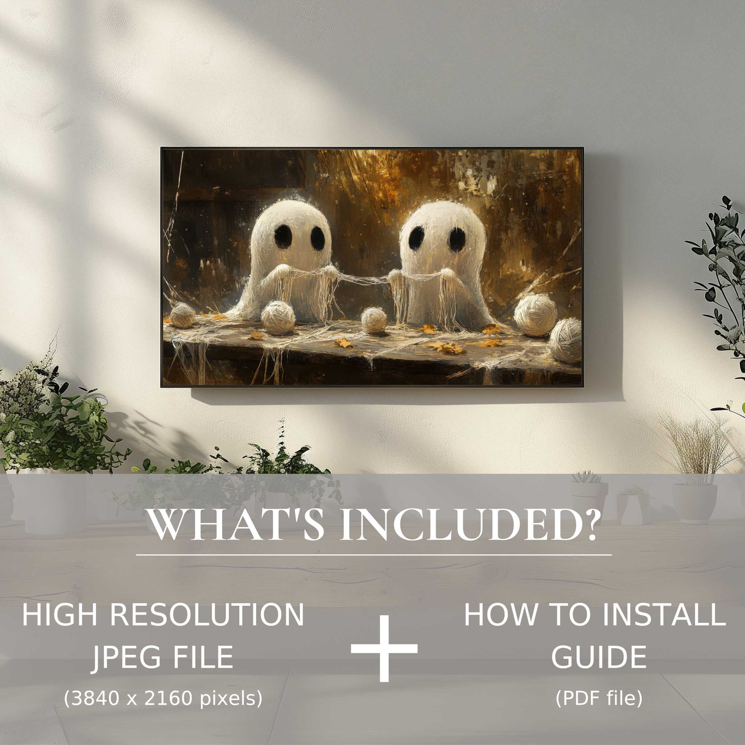 Elegant Halloween digital TV art download showcasing ghostly yarn in a cozy living space with easy digital use